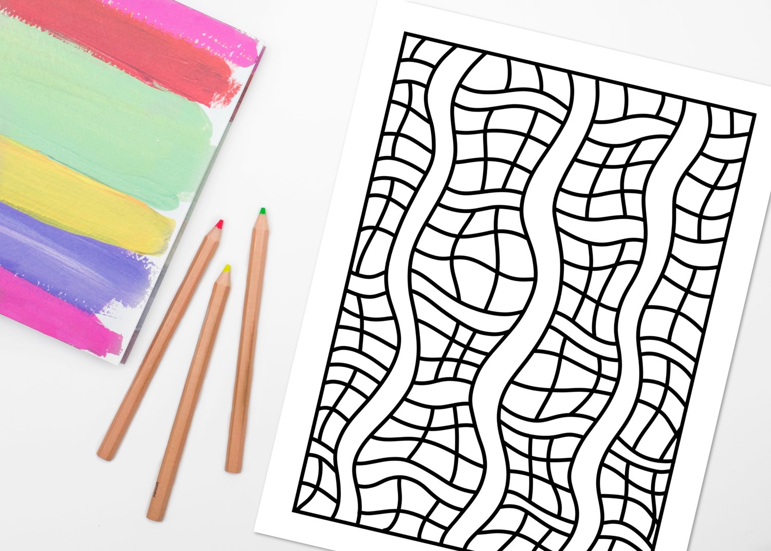 Printable abstract coloring book featuring 50 hand-drawn pattern coloring pages for relaxation, mindfulness, doodling, and digital or printed coloring.
