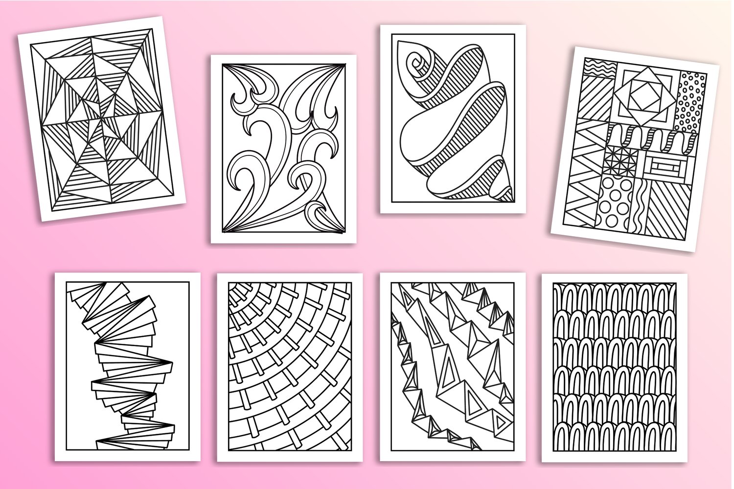 Printable abstract coloring book featuring 50 hand-drawn pattern coloring pages for relaxation, mindfulness, doodling, and digital or printed coloring.