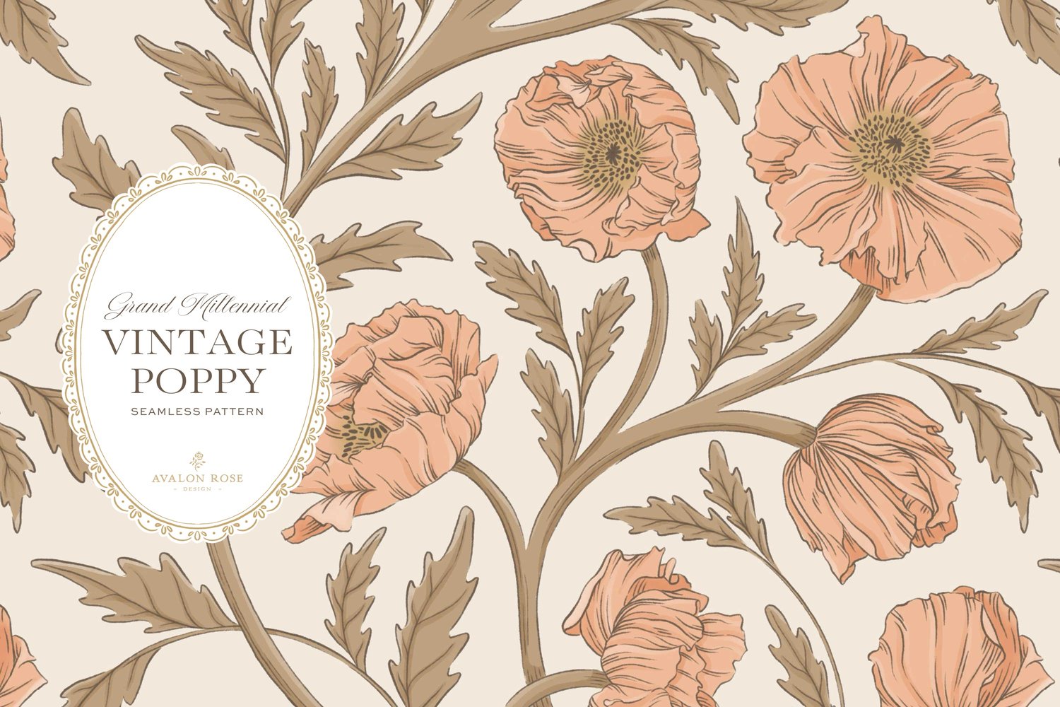Vintage-inspired seamless surface pattern in a hand-drawn heritage style featuring glorious climbing and swirling poppy flowers in peach/apricot on cream.