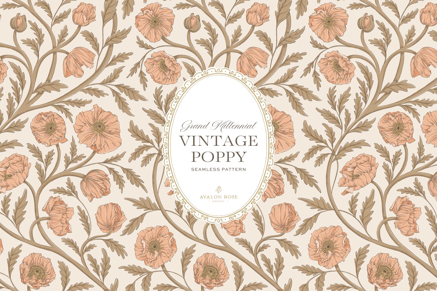 Vintage-inspired seamless surface pattern in a hand-drawn heritage style featuring glorious climbing and swirling poppy flowers in peach/apricot on cream.