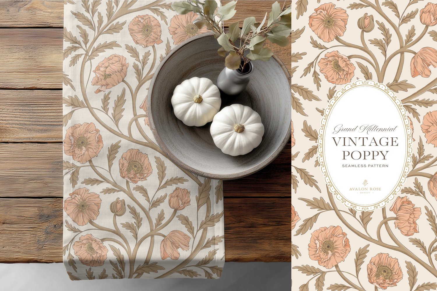 Vintage-inspired seamless surface pattern in a hand-drawn heritage style featuring glorious climbing and swirling poppy flowers in peach/apricot on cream.