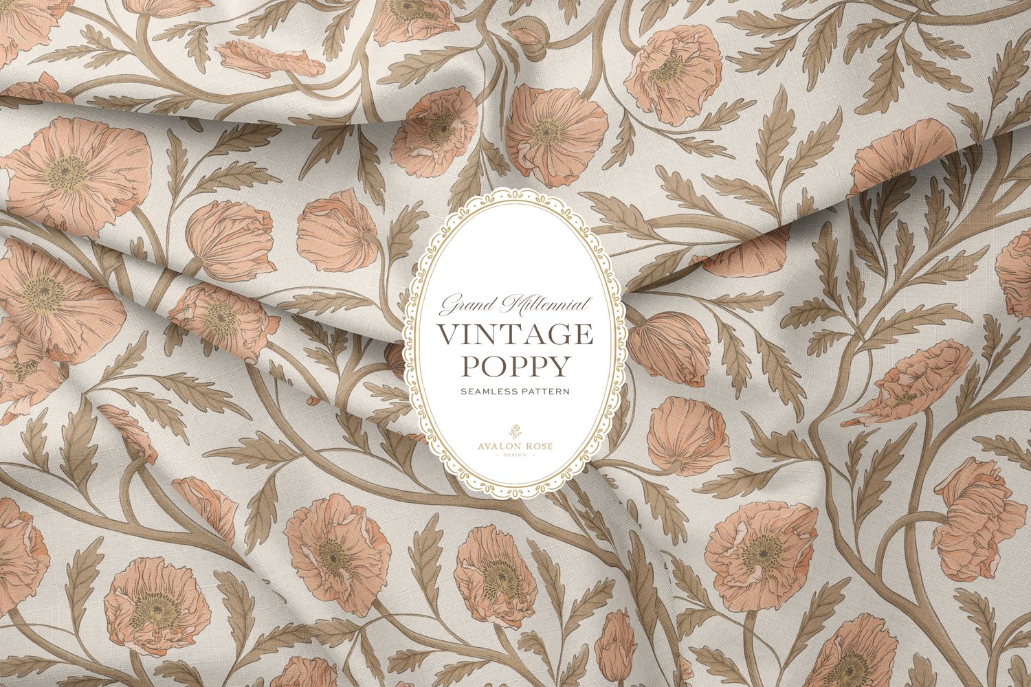 Vintage-inspired seamless surface pattern in a hand-drawn heritage style featuring glorious climbing and swirling poppy flowers in peach/apricot on cream.