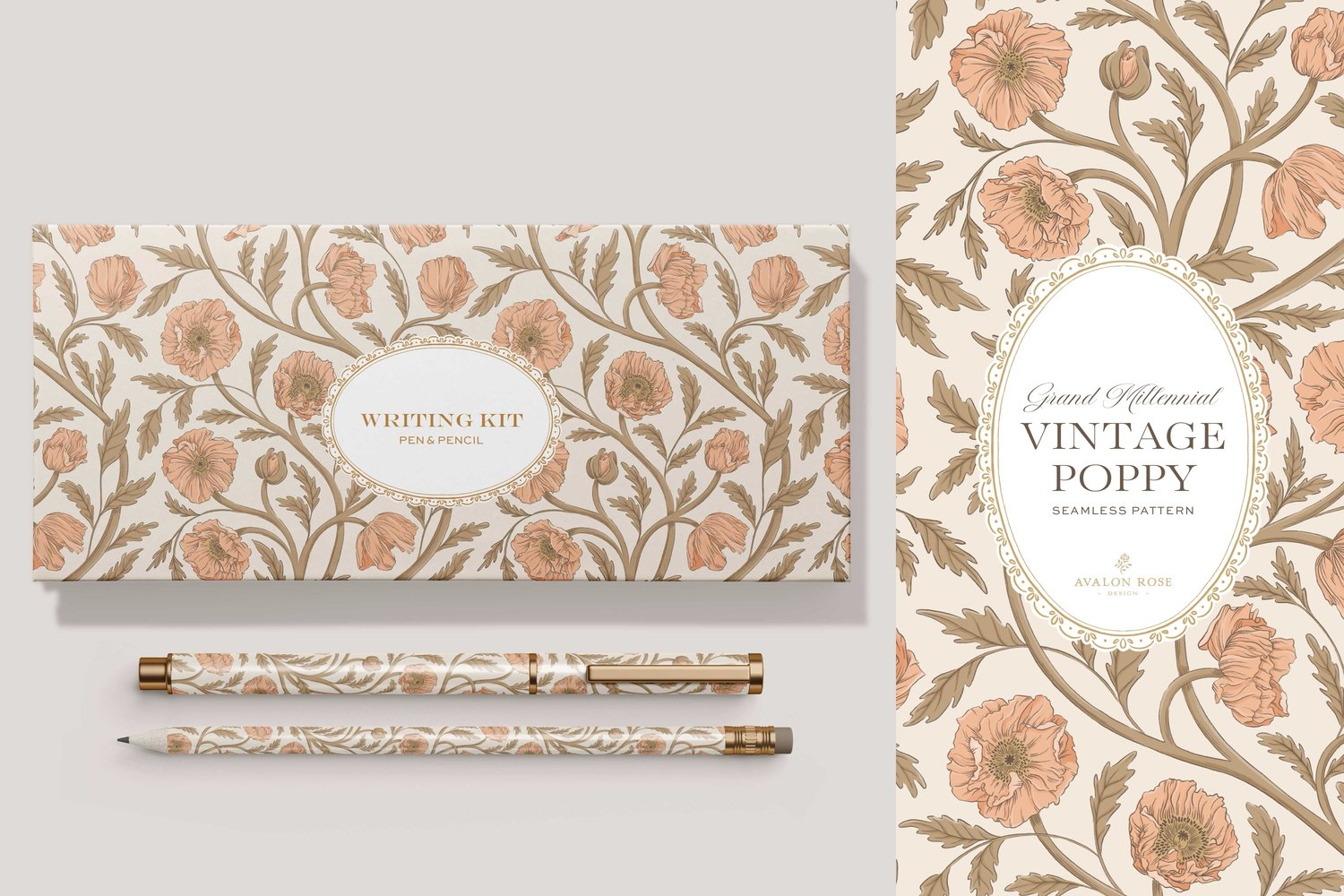 Vintage-inspired seamless surface pattern in a hand-drawn heritage style featuring glorious climbing and swirling poppy flowers in peach/apricot on cream.