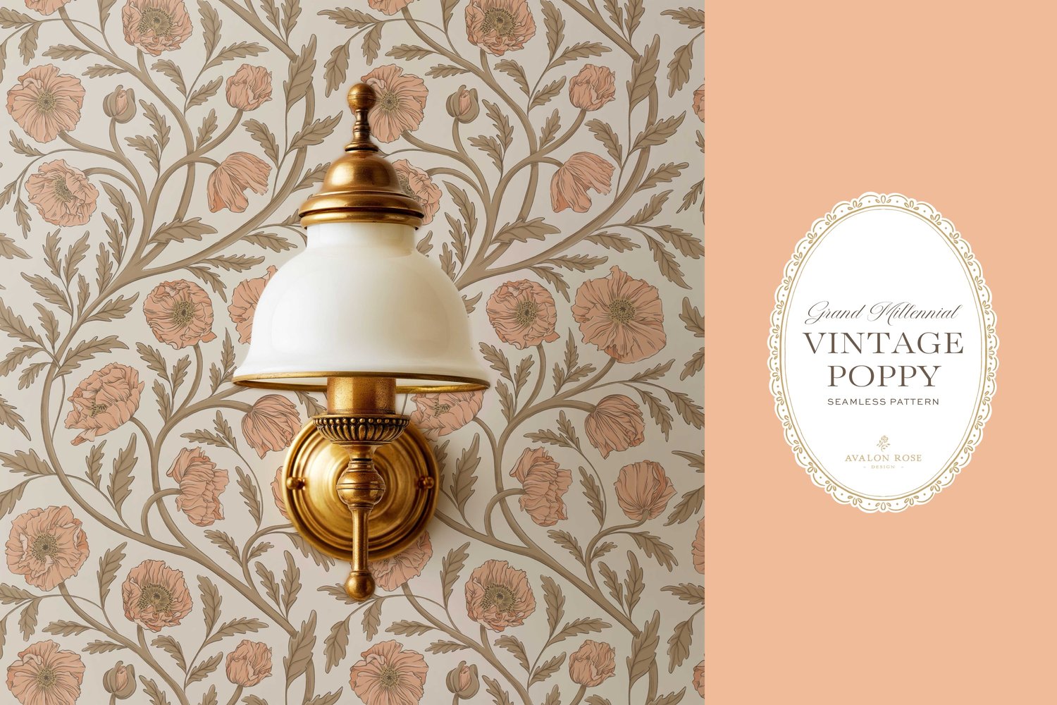 Vintage-inspired seamless surface pattern in a hand-drawn heritage style featuring glorious climbing and swirling poppy flowers in peach/apricot on cream.