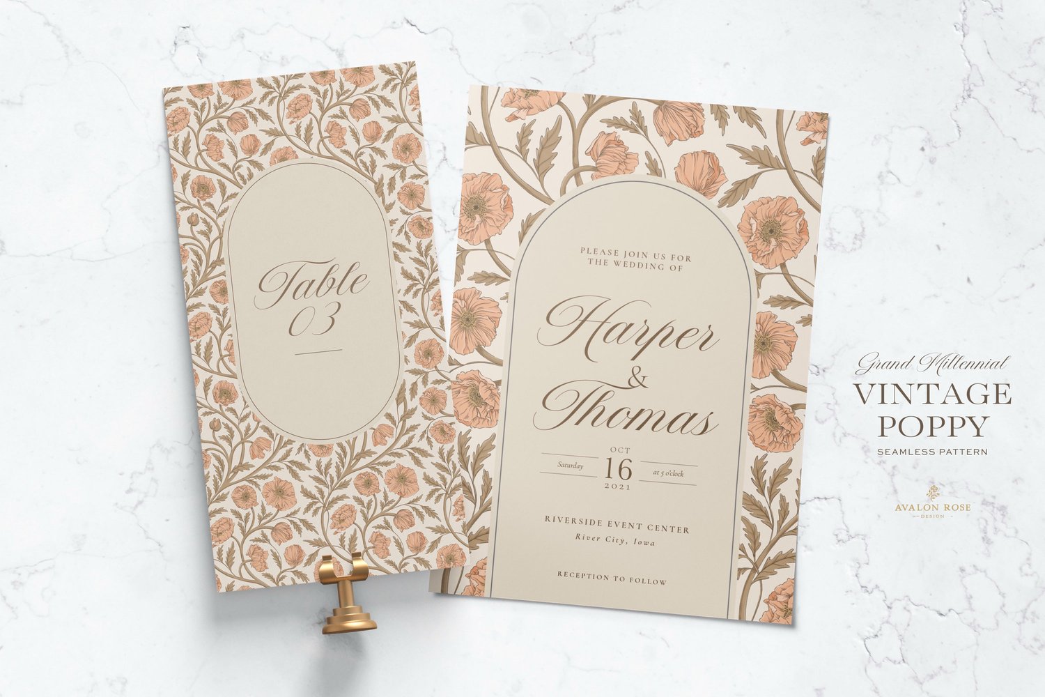 Vintage-inspired seamless surface pattern in a hand-drawn heritage style featuring glorious climbing and swirling poppy flowers in peach/apricot on cream.