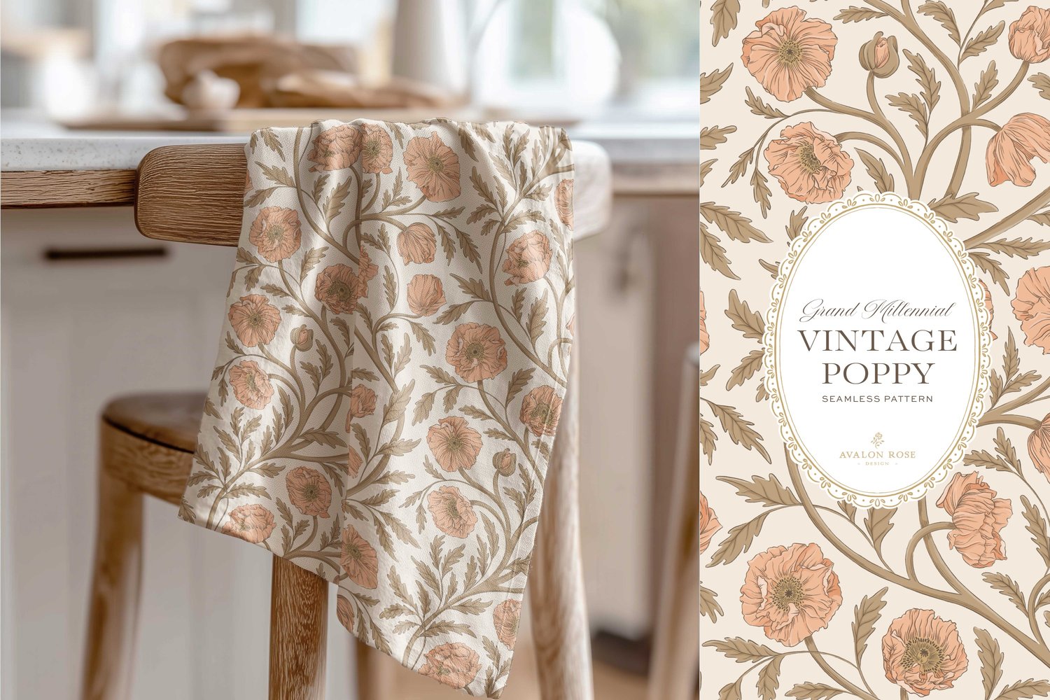 Vintage-inspired seamless surface pattern in a hand-drawn heritage style featuring glorious climbing and swirling poppy flowers in peach/apricot on cream.