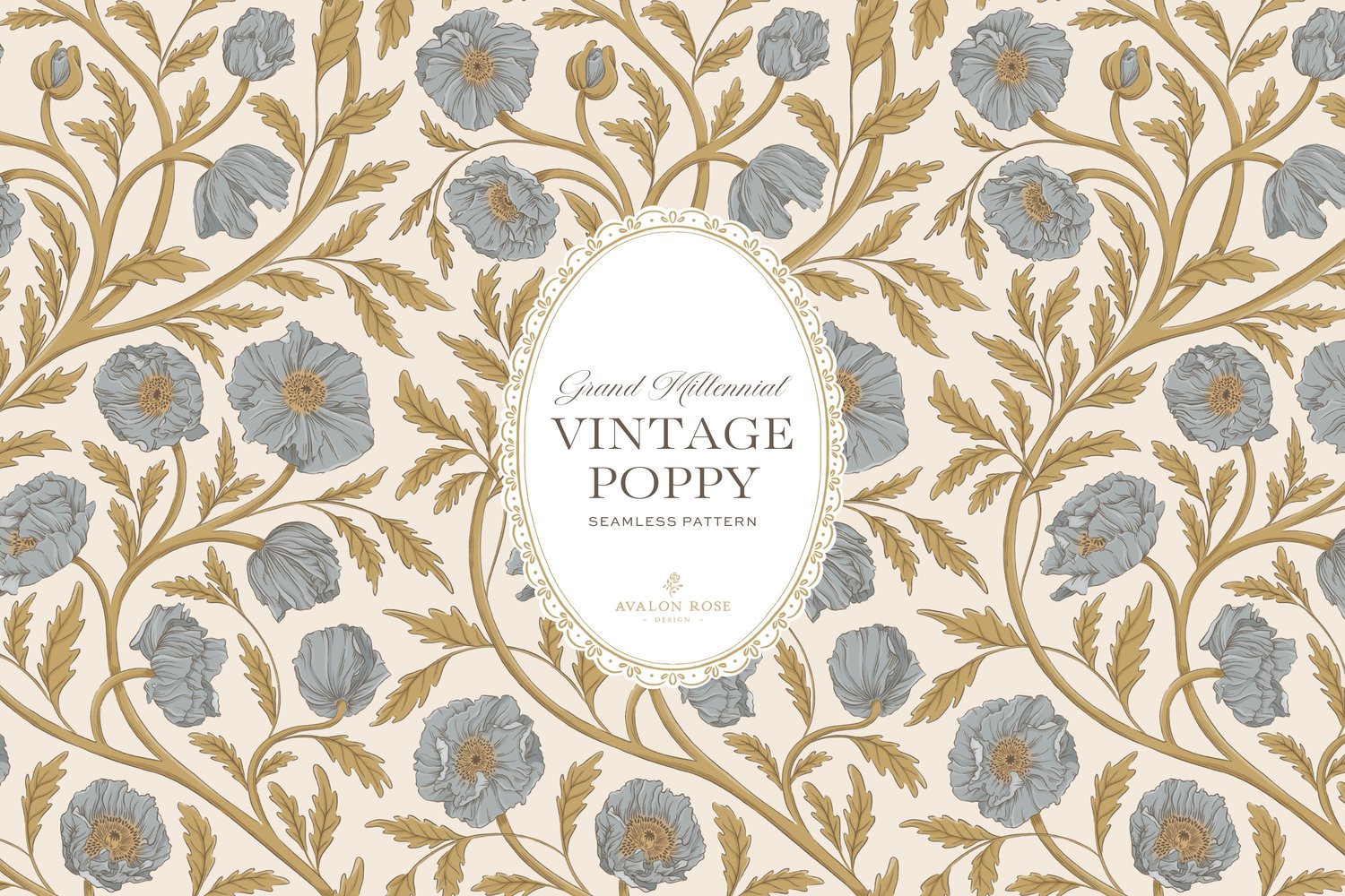 Vintage-inspired seamless surface pattern in a hand-drawn heritage style featuring glorious climbing and swirling poppy flowers in blue and gold on cream.