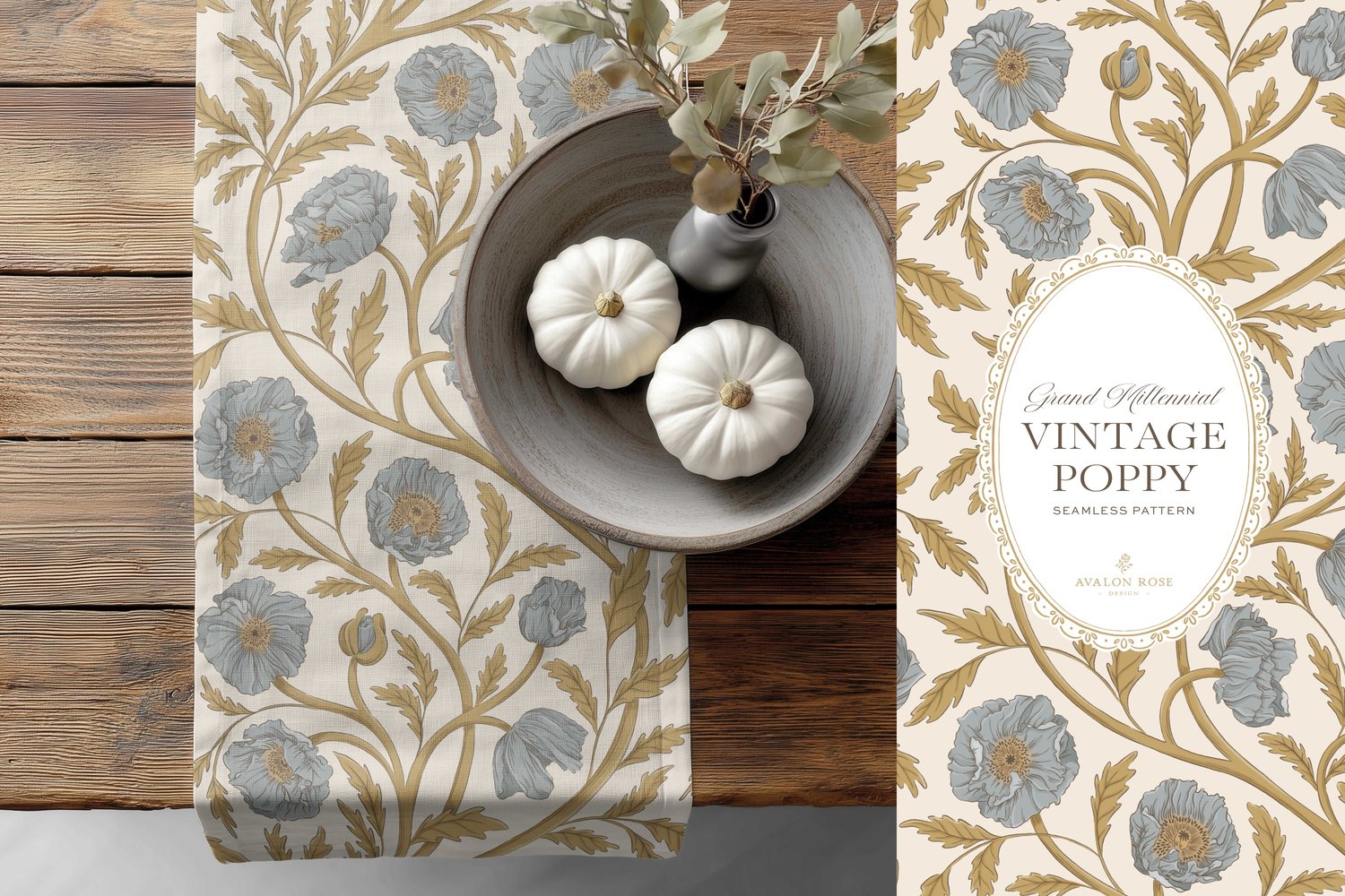 Vintage-inspired seamless surface pattern in a hand-drawn heritage style featuring glorious climbing and swirling poppy flowers in blue and gold on cream.