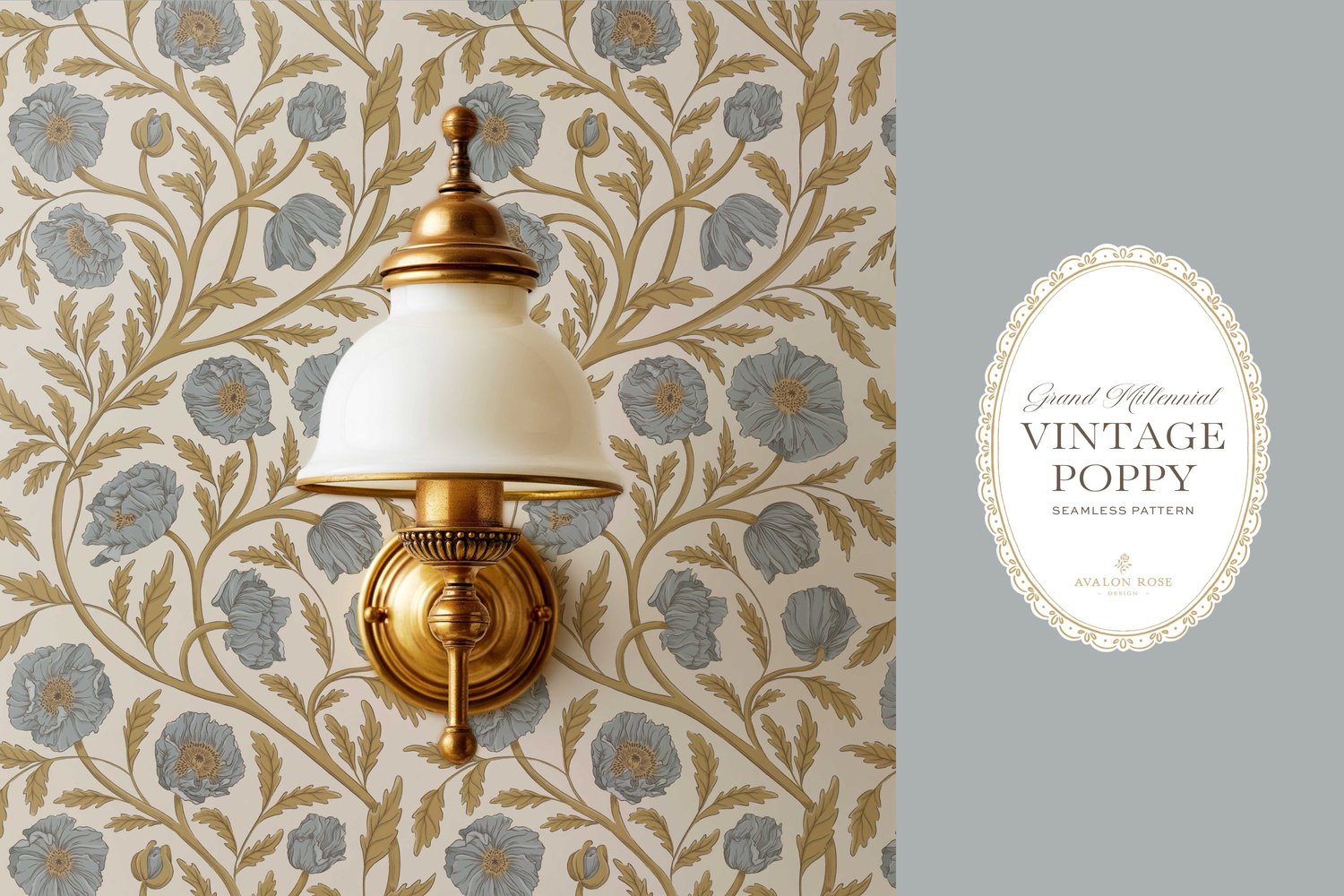 Vintage-inspired seamless surface pattern in a hand-drawn heritage style featuring glorious climbing and swirling poppy flowers in blue and gold on cream.