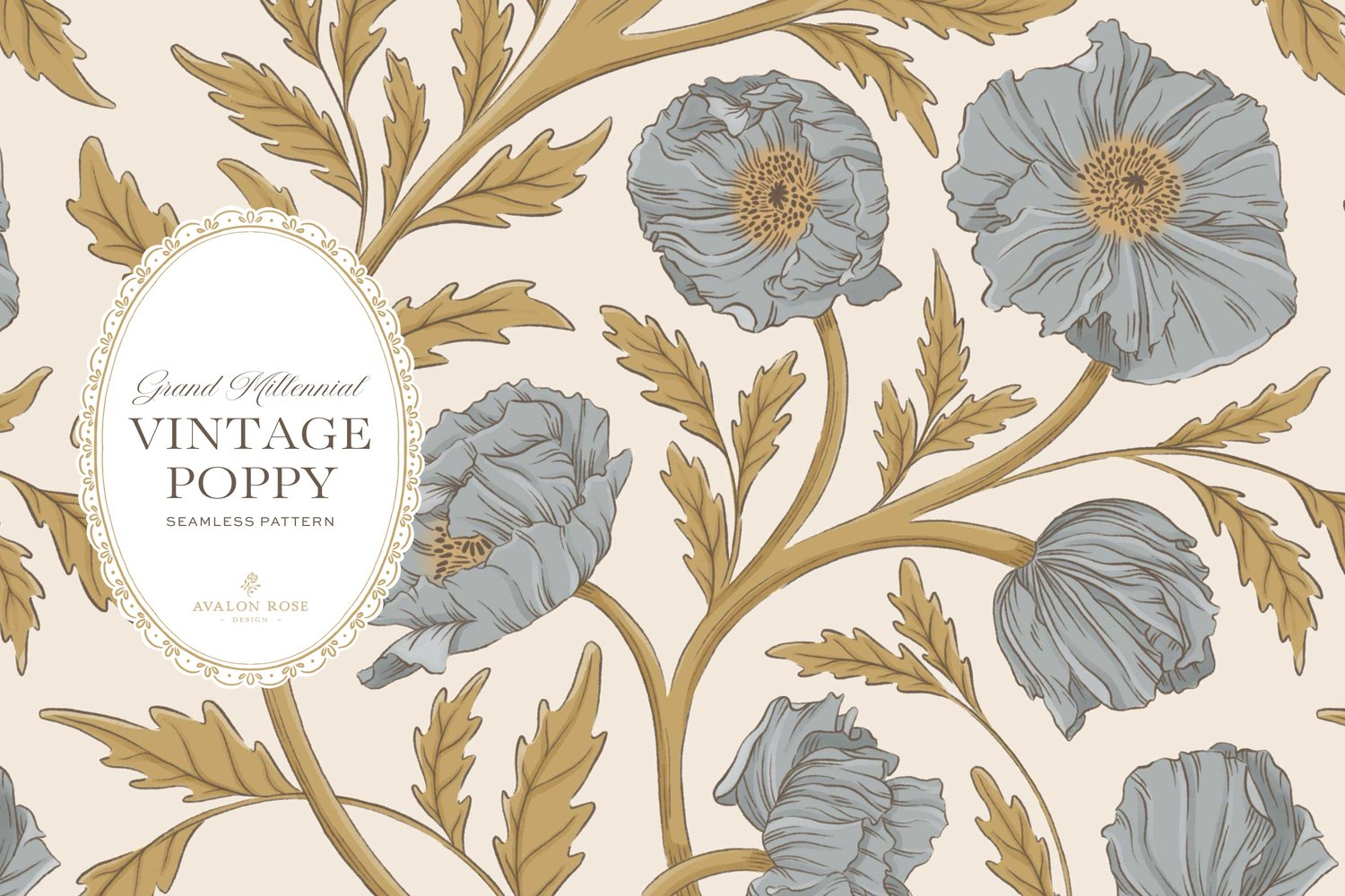 Vintage-inspired seamless surface pattern in a hand-drawn heritage style featuring glorious climbing and swirling poppy flowers in blue and gold on cream.