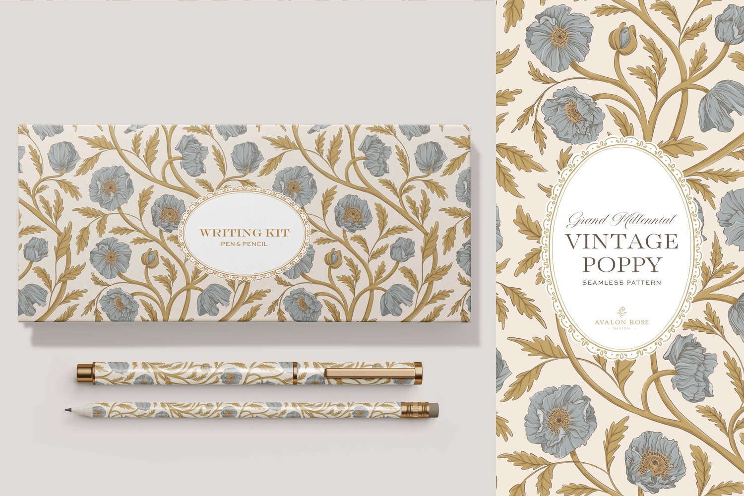 Vintage-inspired seamless surface pattern in a hand-drawn heritage style featuring glorious climbing and swirling poppy flowers in blue and gold on cream.
