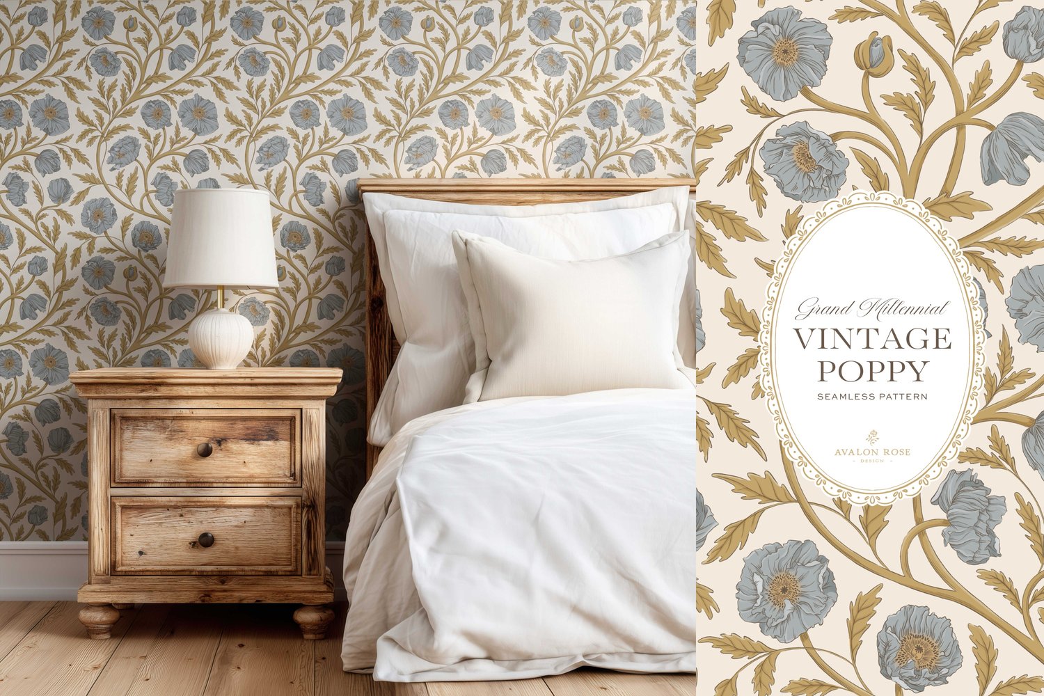 Vintage-inspired seamless surface pattern in a hand-drawn heritage style featuring glorious climbing and swirling poppy flowers in blue and gold on cream.