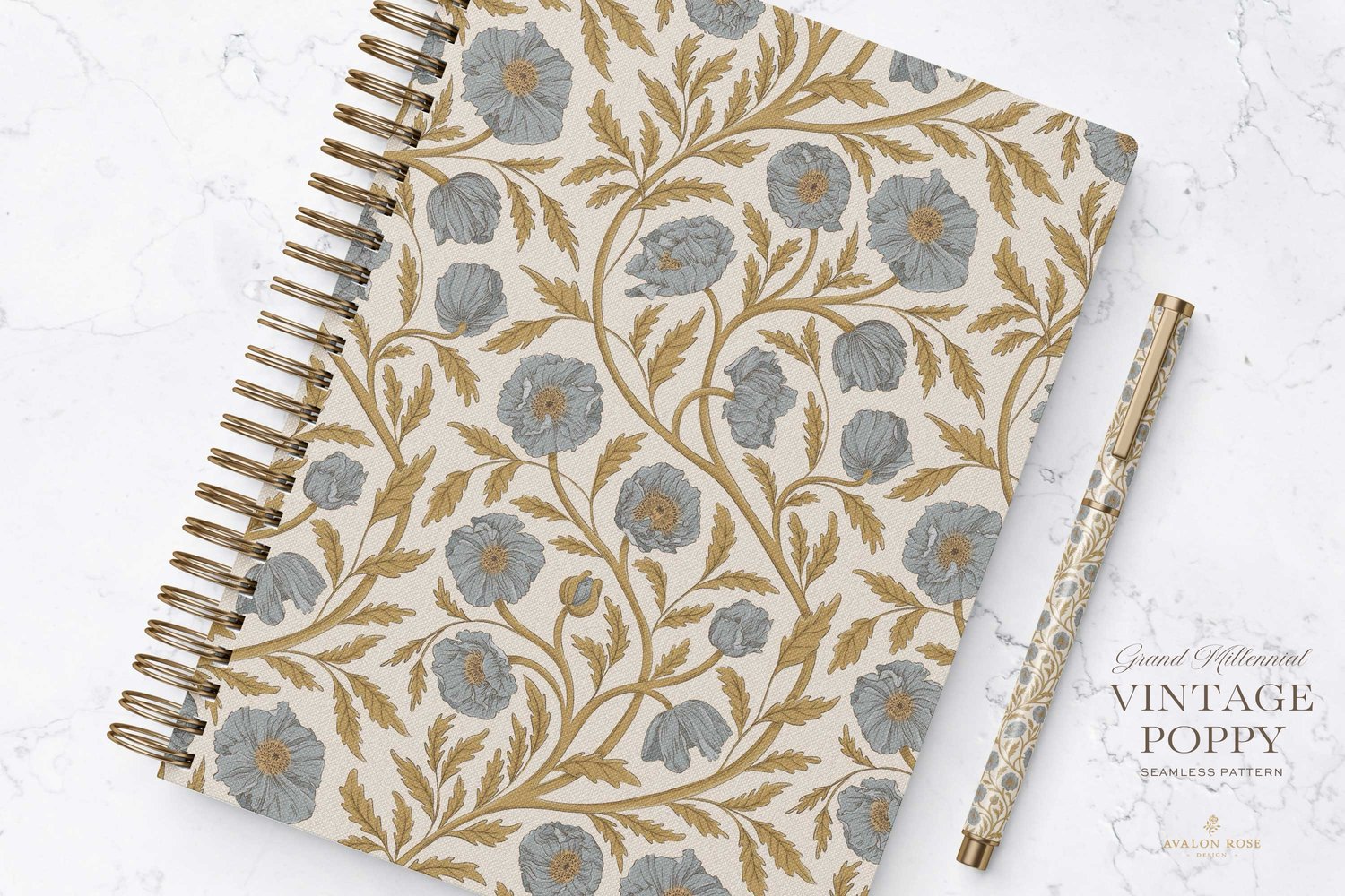 Vintage-inspired seamless surface pattern in a hand-drawn heritage style featuring glorious climbing and swirling poppy flowers in blue and gold on cream.