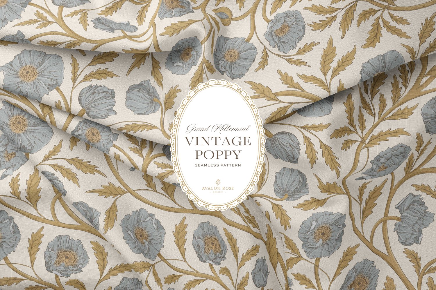 Vintage-inspired seamless surface pattern in a hand-drawn heritage style featuring glorious climbing and swirling poppy flowers in blue and gold on cream.