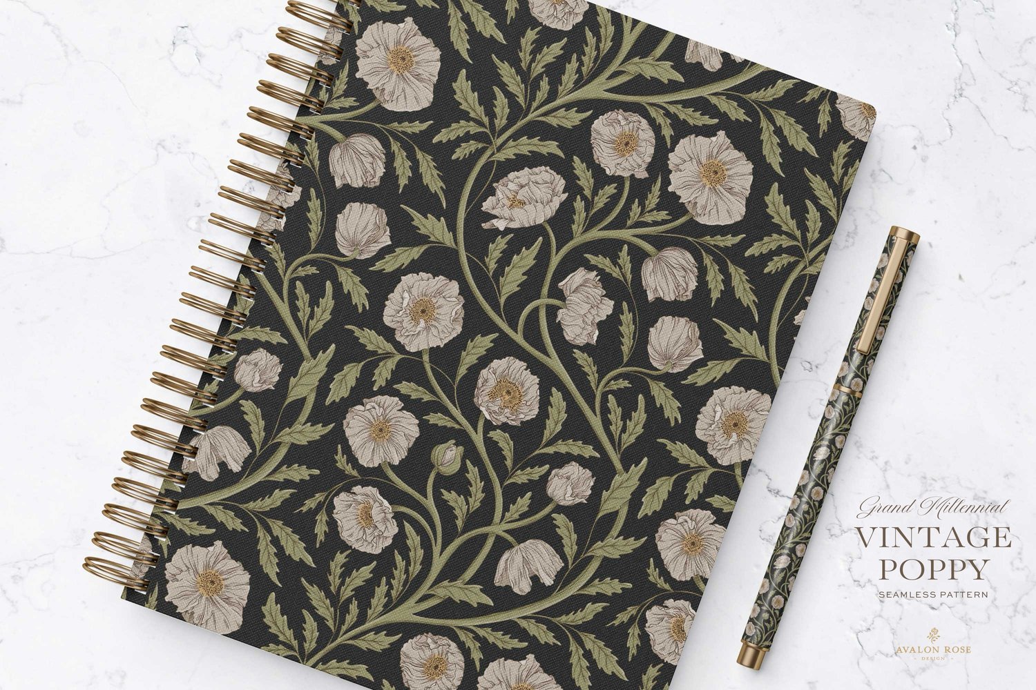 Vintage-inspired seamless surface pattern in a hand-drawn heritage style featuring glorious climbing and swirling poppy flowers in cream and green on charcoal.