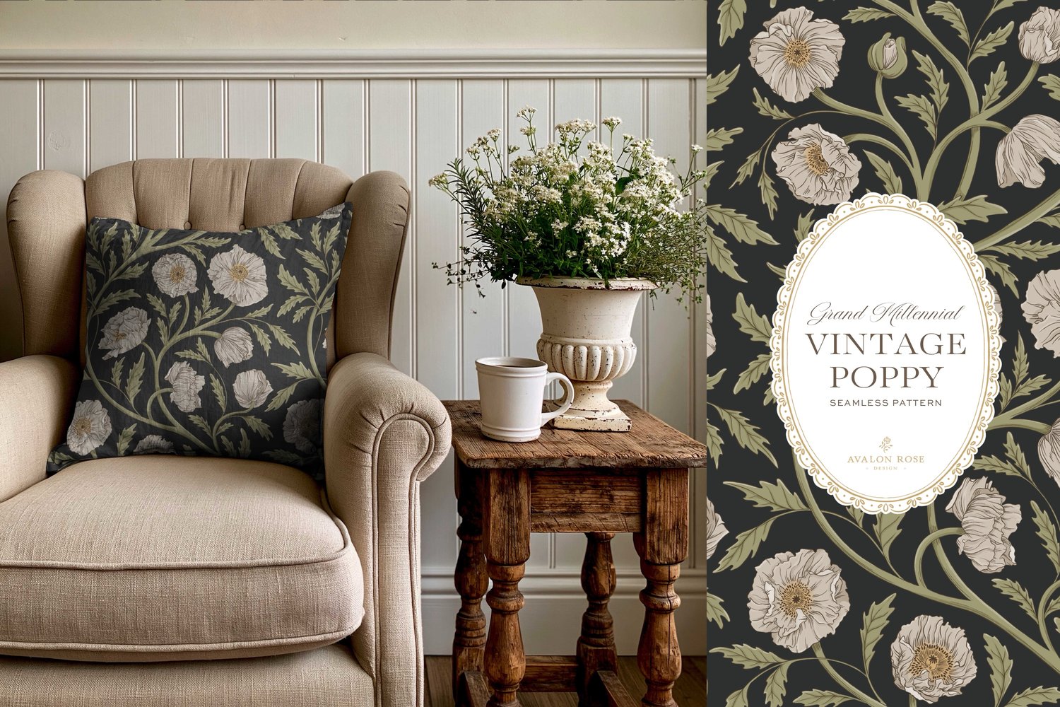 Vintage-inspired seamless surface pattern in a hand-drawn heritage style featuring glorious climbing and swirling poppy flowers in cream and green on charcoal.