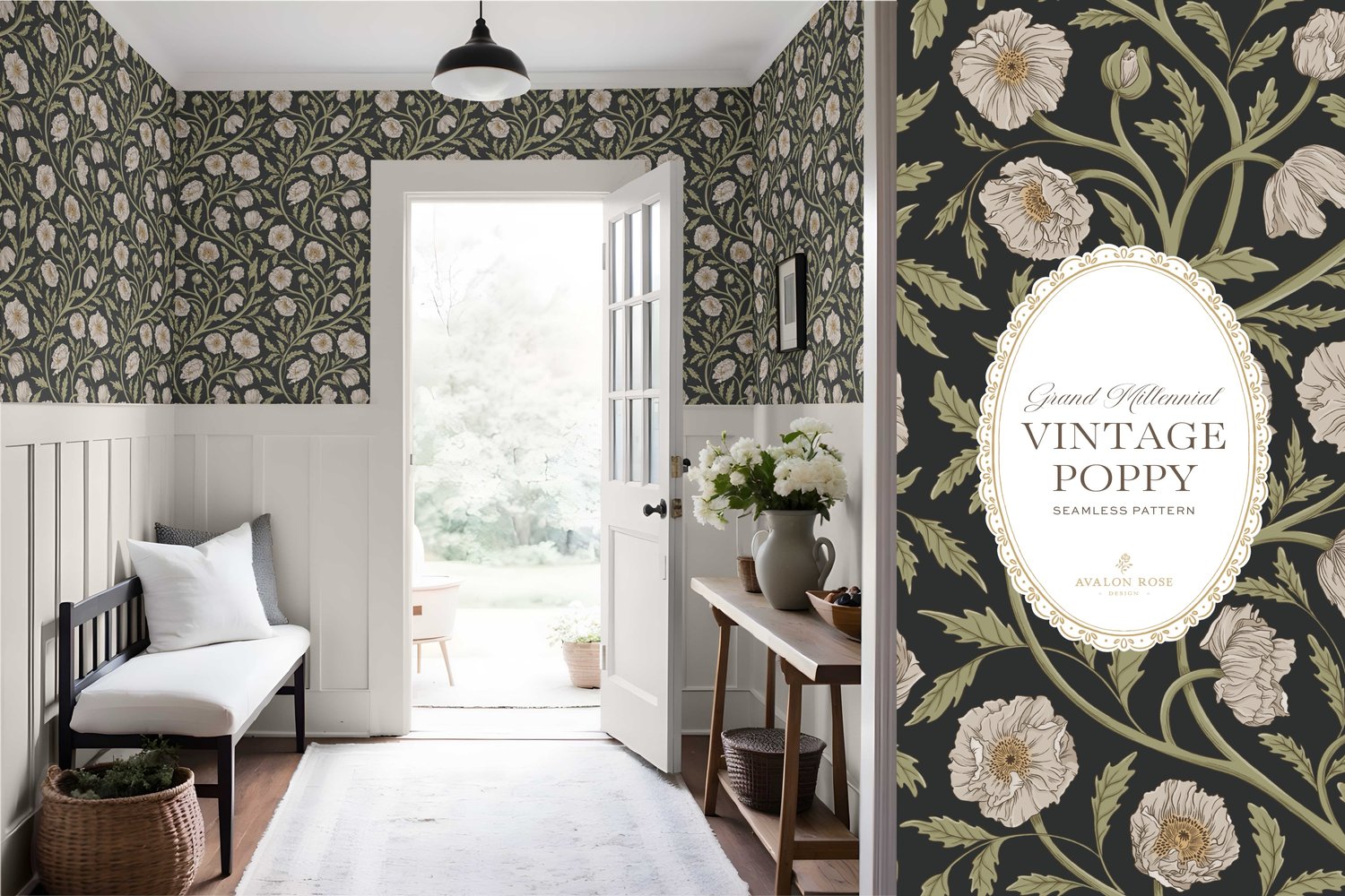 Vintage-inspired seamless surface pattern in a hand-drawn heritage style featuring glorious climbing and swirling poppy flowers in cream and green on charcoal.
