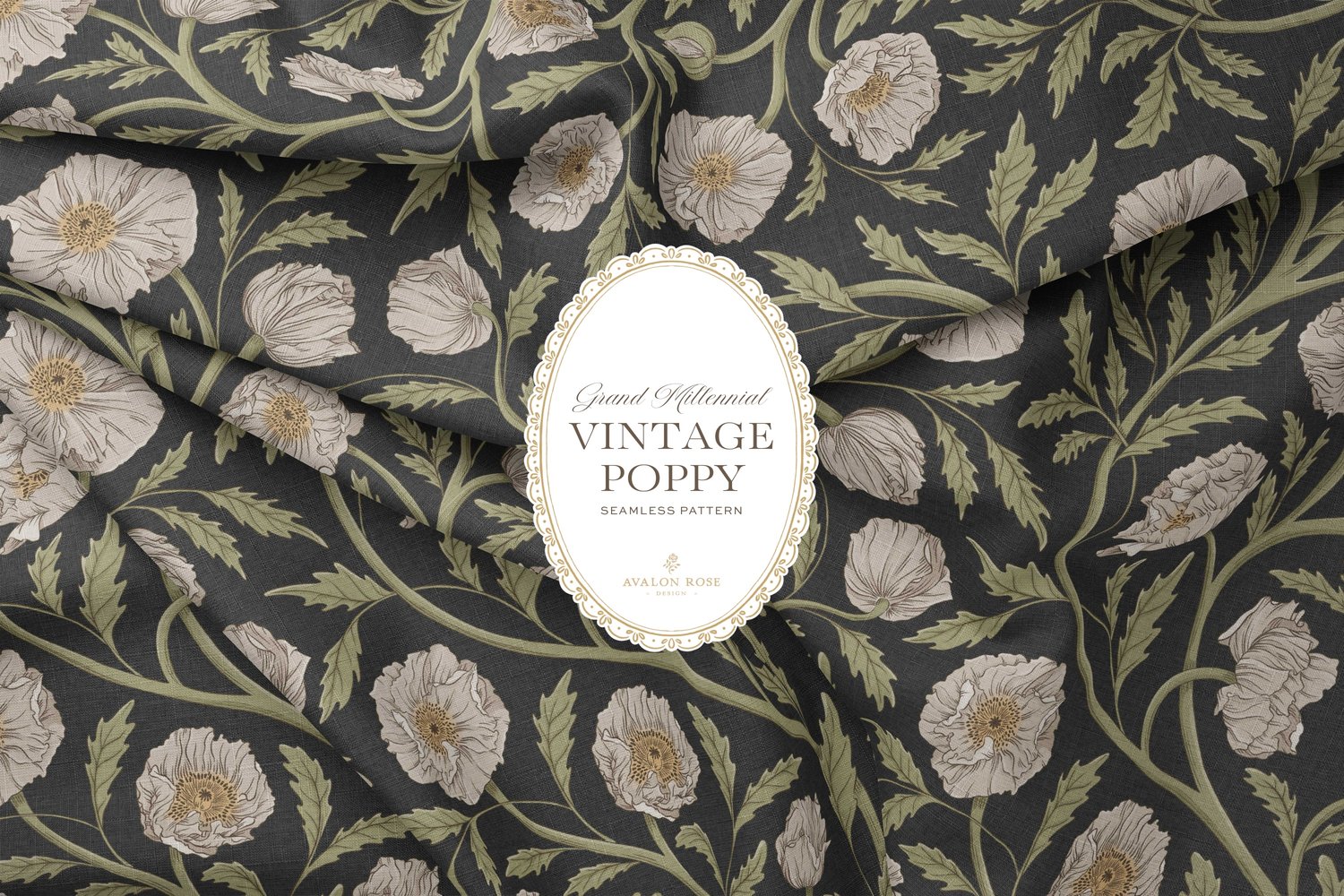 Vintage-inspired seamless surface pattern in a hand-drawn heritage style featuring glorious climbing and swirling poppy flowers in cream and green on charcoal.