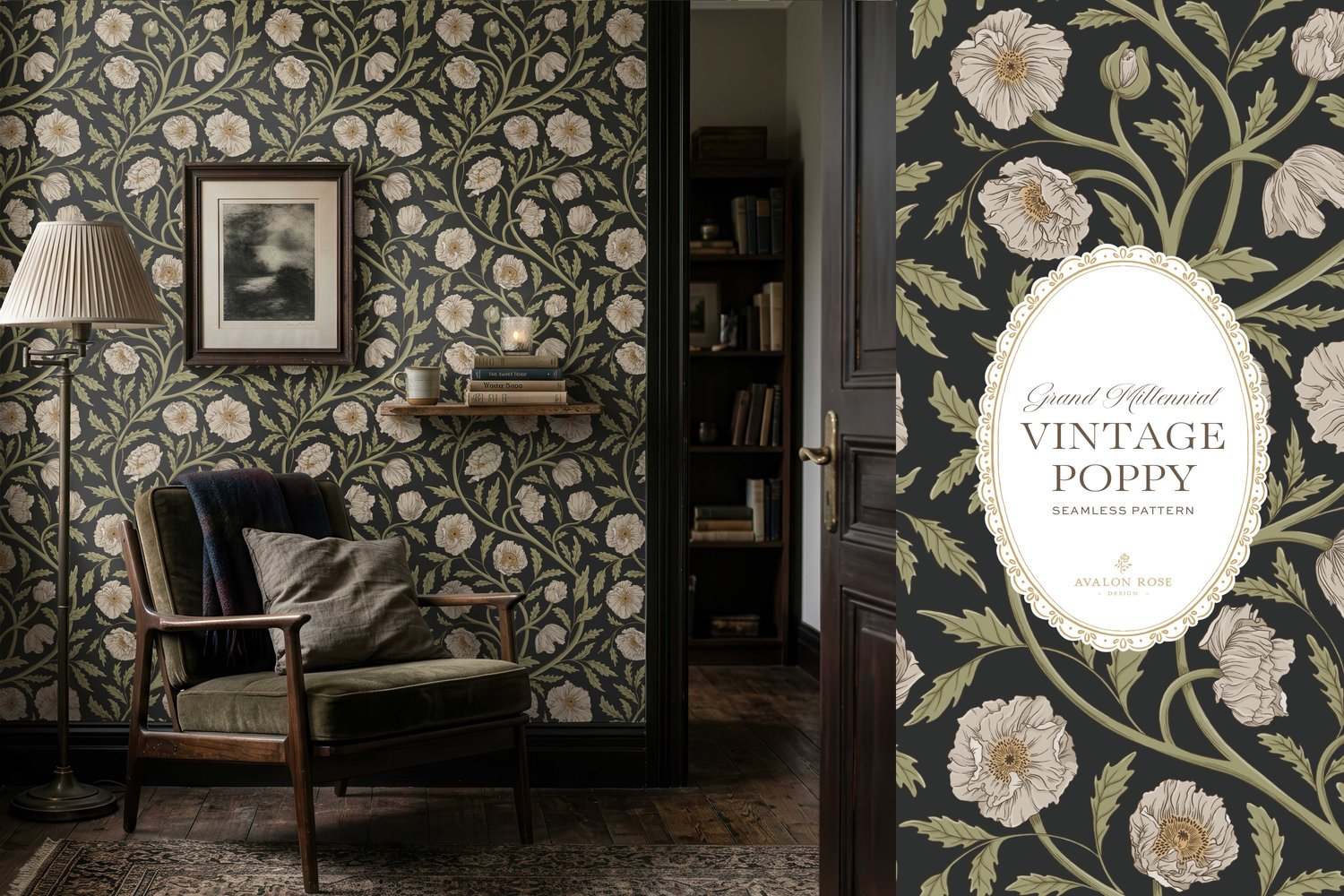 Vintage-inspired seamless surface pattern in a hand-drawn heritage style featuring glorious climbing and swirling poppy flowers in cream and green on charcoal.