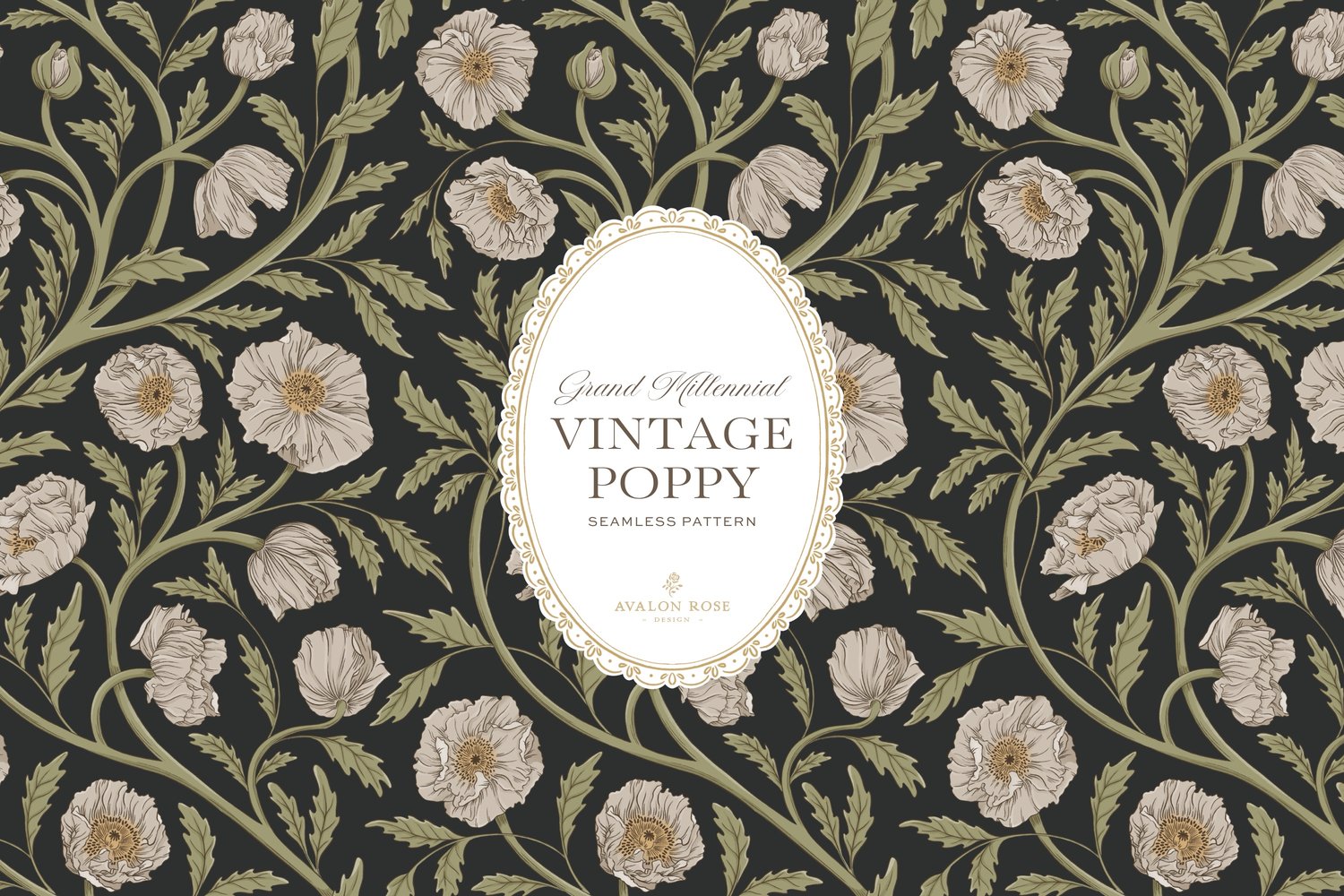 Vintage-inspired seamless surface pattern in a hand-drawn heritage style featuring glorious climbing and swirling poppy flowers in cream and green on charcoal.