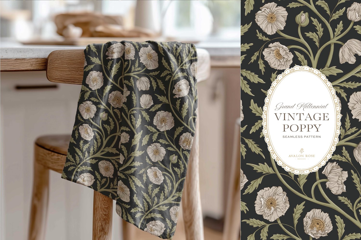 Vintage-inspired seamless surface pattern in a hand-drawn heritage style featuring glorious climbing and swirling poppy flowers in cream and green on charcoal.