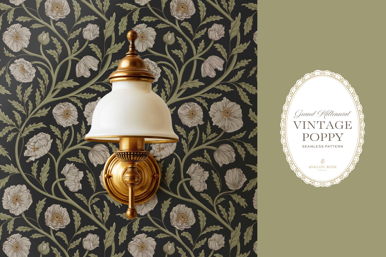 Vintage-inspired seamless surface pattern in a hand-drawn heritage style featuring glorious climbing and swirling poppy flowers in cream and green on charcoal.