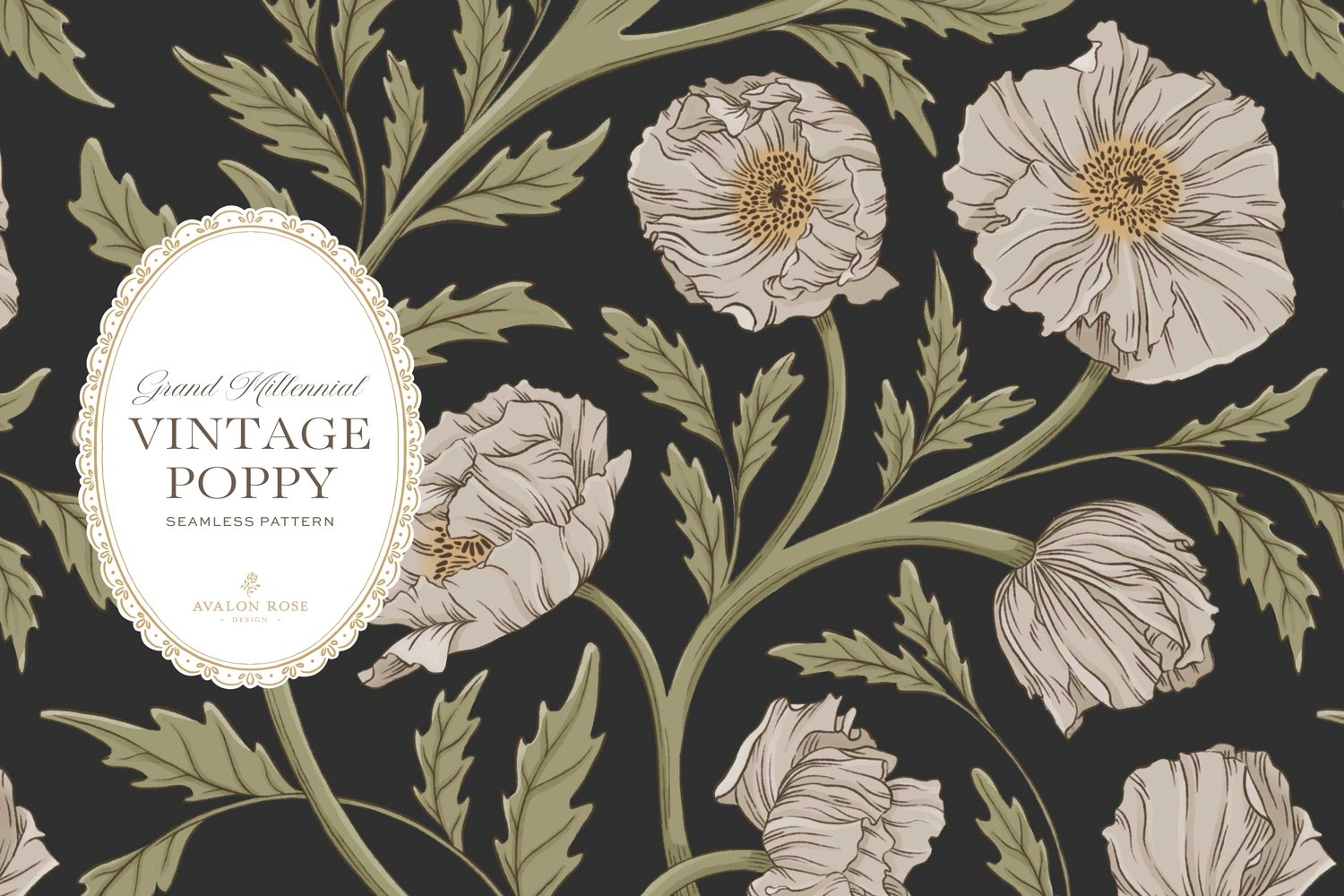 Vintage-inspired seamless surface pattern in a hand-drawn heritage style featuring glorious climbing and swirling poppy flowers in cream and green on charcoal.