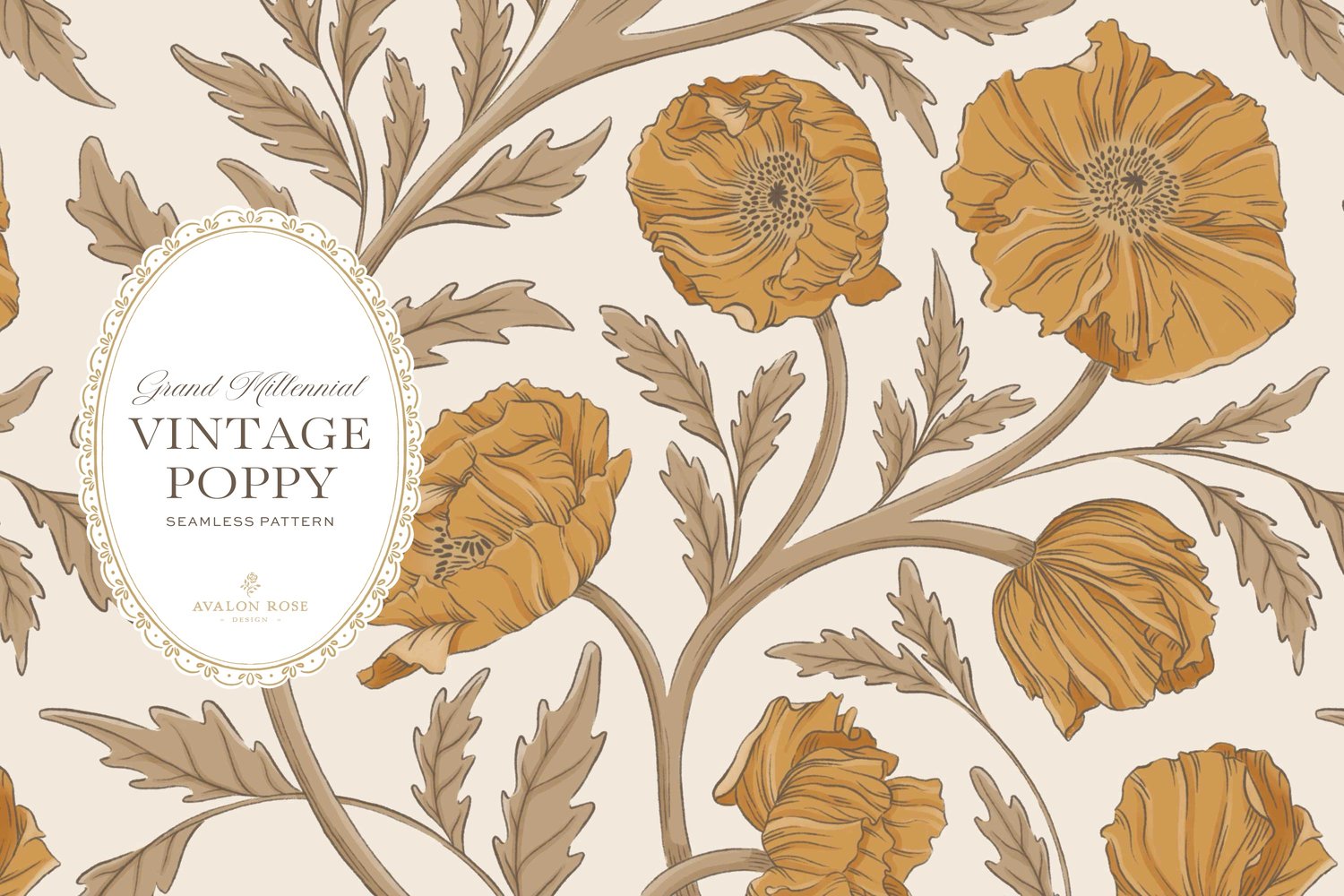 Vintage-inspired seamless surface pattern in a hand-drawn heritage style featuring glorious climbing and swirling poppy flowers in yellow gold and beige on cream.