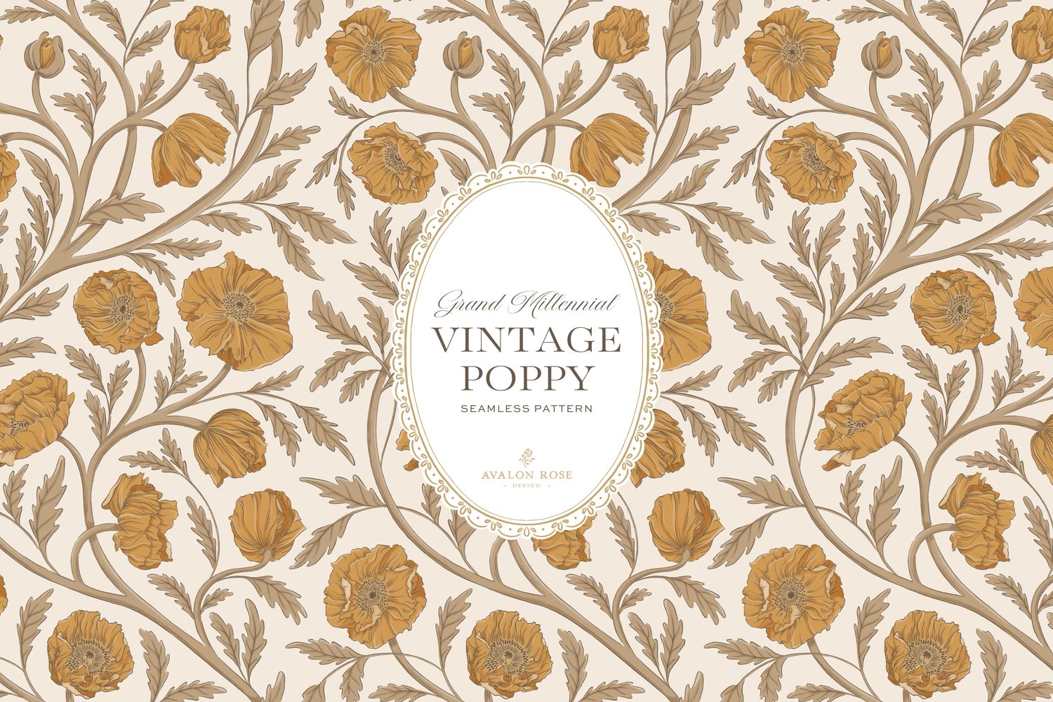 Vintage-inspired seamless surface pattern in a hand-drawn heritage style featuring glorious climbing and swirling poppy flowers in yellow gold and beige on cream.