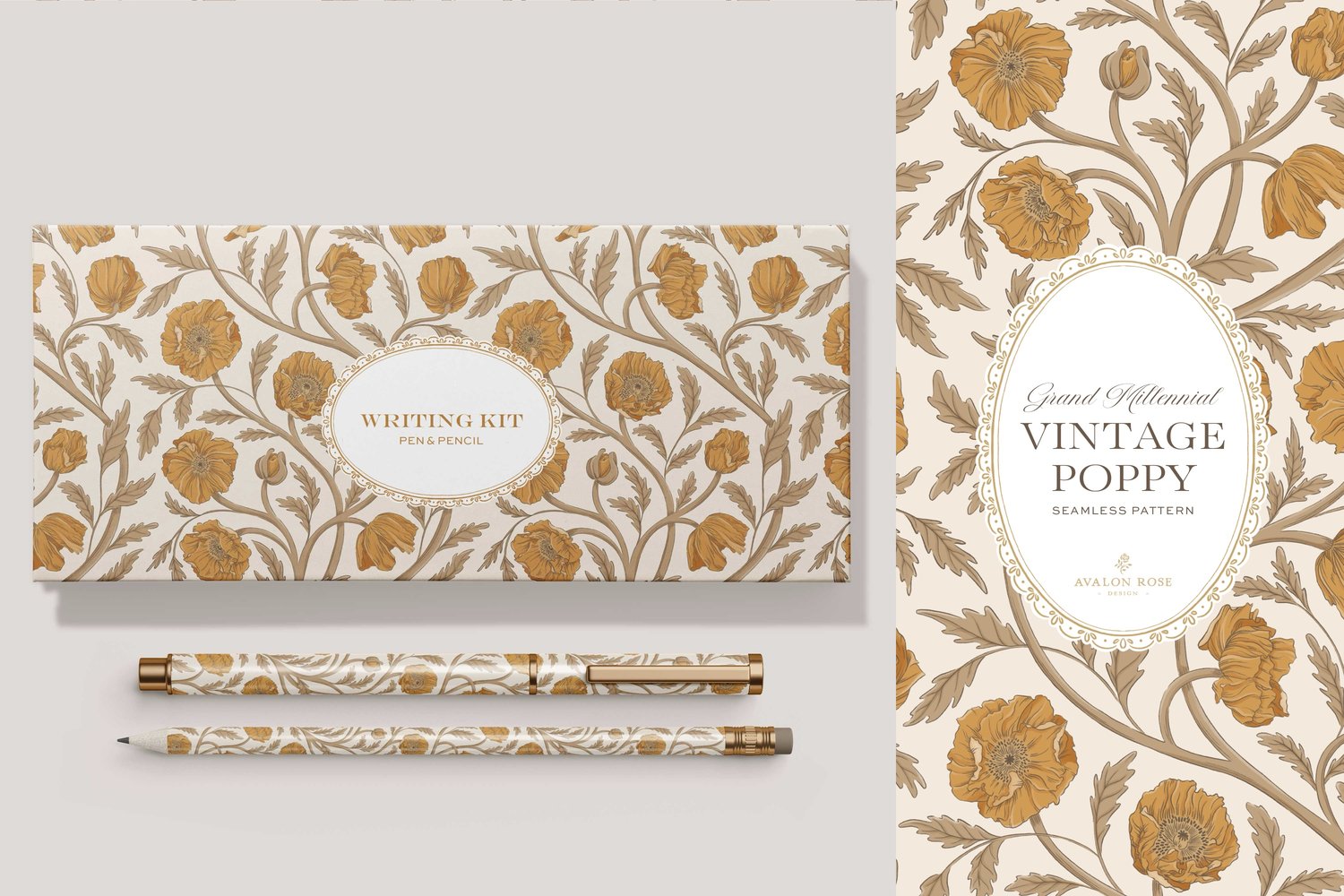 Vintage-inspired seamless surface pattern in a hand-drawn heritage style featuring glorious climbing and swirling poppy flowers in yellow gold and beige on cream.