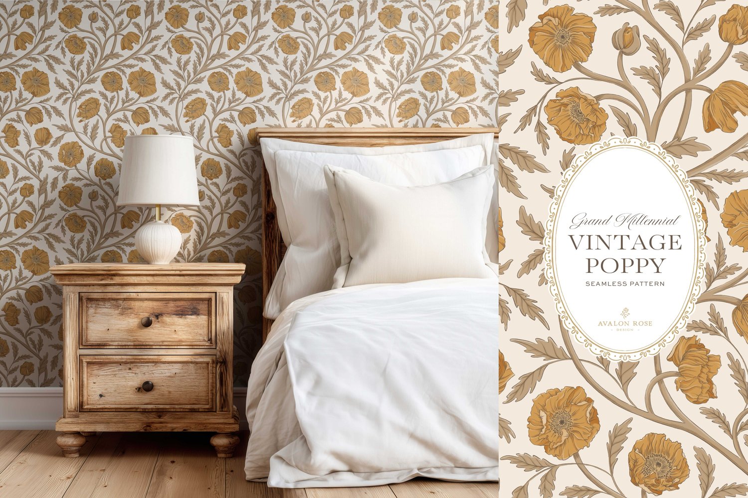 Vintage-inspired seamless surface pattern in a hand-drawn heritage style featuring glorious climbing and swirling poppy flowers in yellow gold and beige on cream.