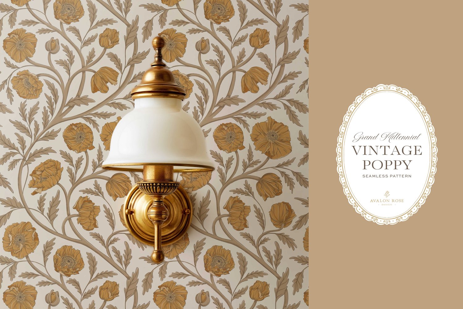 Vintage-inspired seamless surface pattern in a hand-drawn heritage style featuring glorious climbing and swirling poppy flowers in yellow gold and beige on cream.