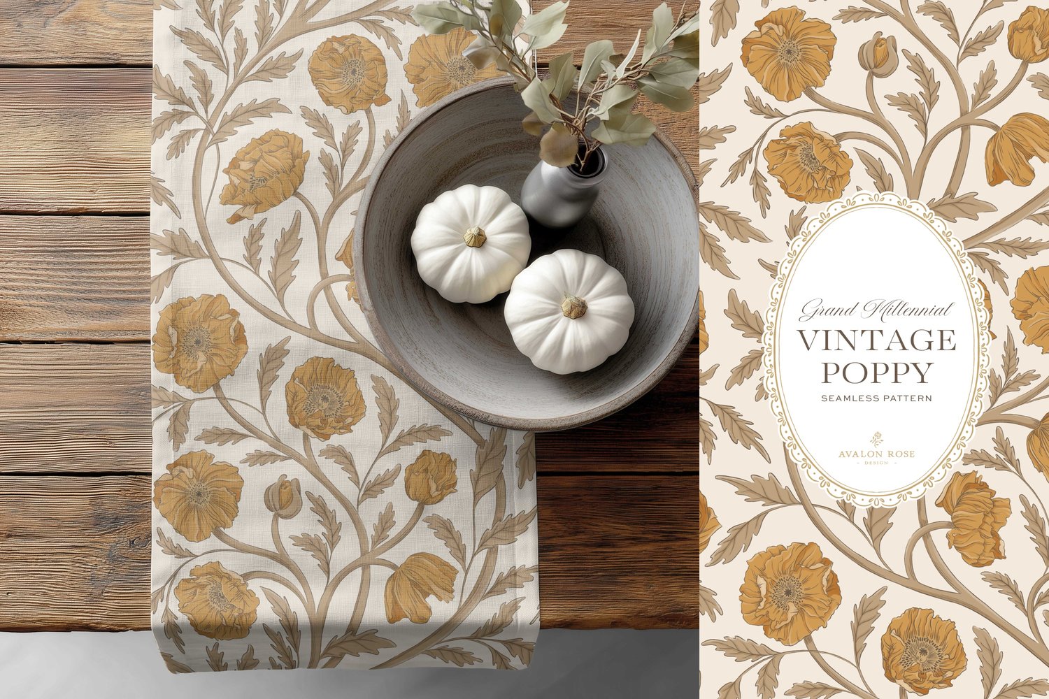 Vintage-inspired seamless surface pattern in a hand-drawn heritage style featuring glorious climbing and swirling poppy flowers in yellow gold and beige on cream.