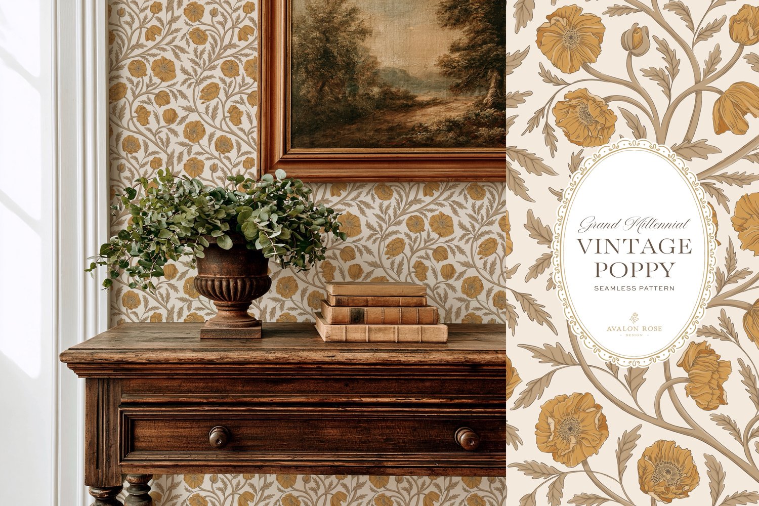 Vintage-inspired seamless surface pattern in a hand-drawn heritage style featuring glorious climbing and swirling poppy flowers in yellow gold and beige on cream.