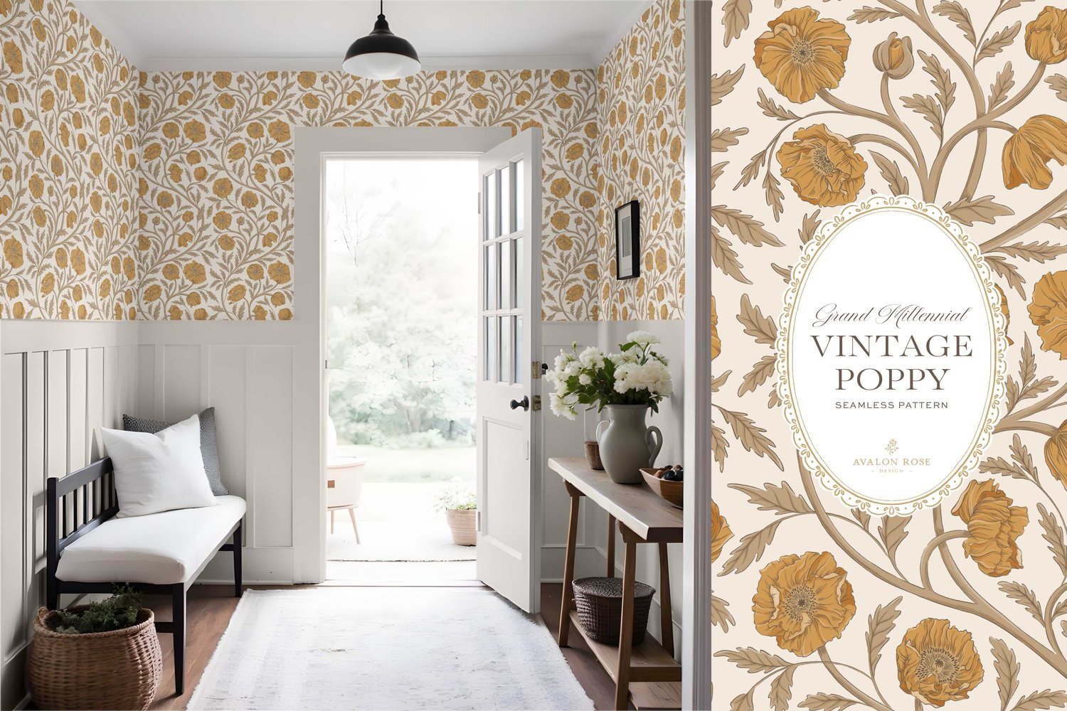 Vintage-inspired seamless surface pattern in a hand-drawn heritage style featuring glorious climbing and swirling poppy flowers in yellow gold and beige on cream.