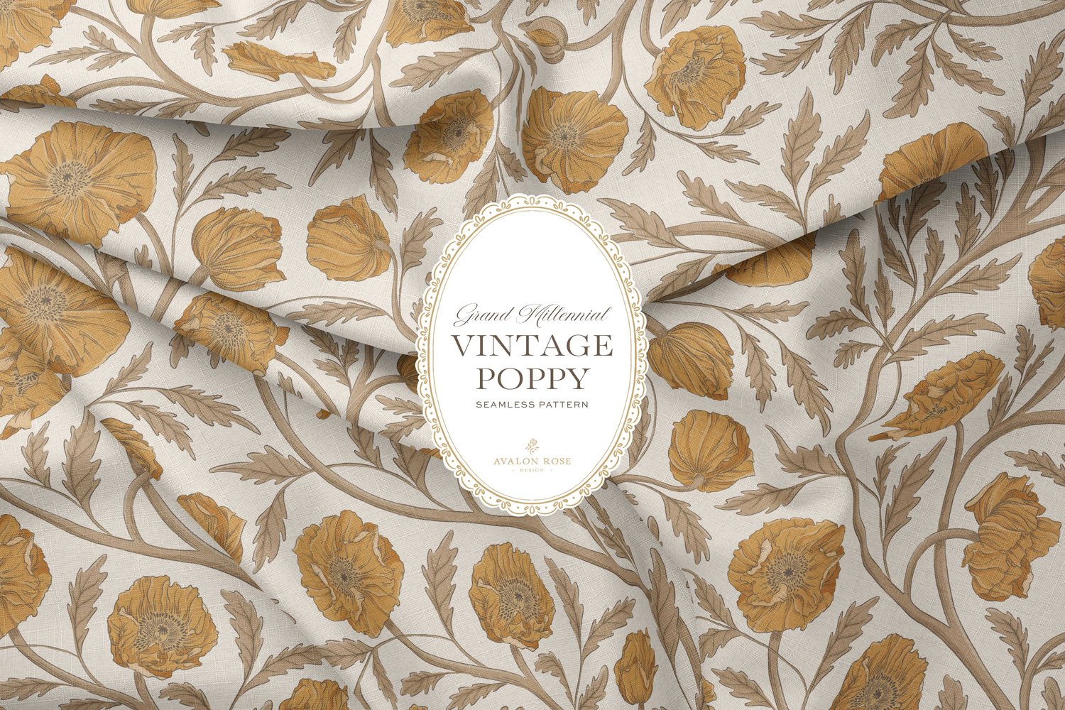 Vintage-inspired seamless surface pattern in a hand-drawn heritage style featuring glorious climbing and swirling poppy flowers in yellow gold and beige on cream.