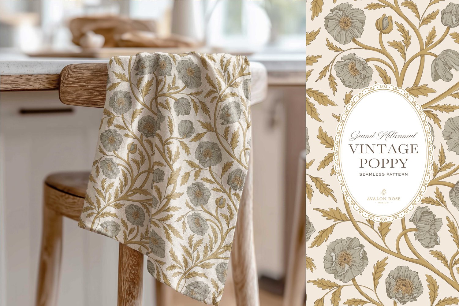 Vintage-inspired seamless surface pattern in a hand-drawn heritage style featuring glorious climbing and swirling poppy flowers in gold and warm gray on cream.