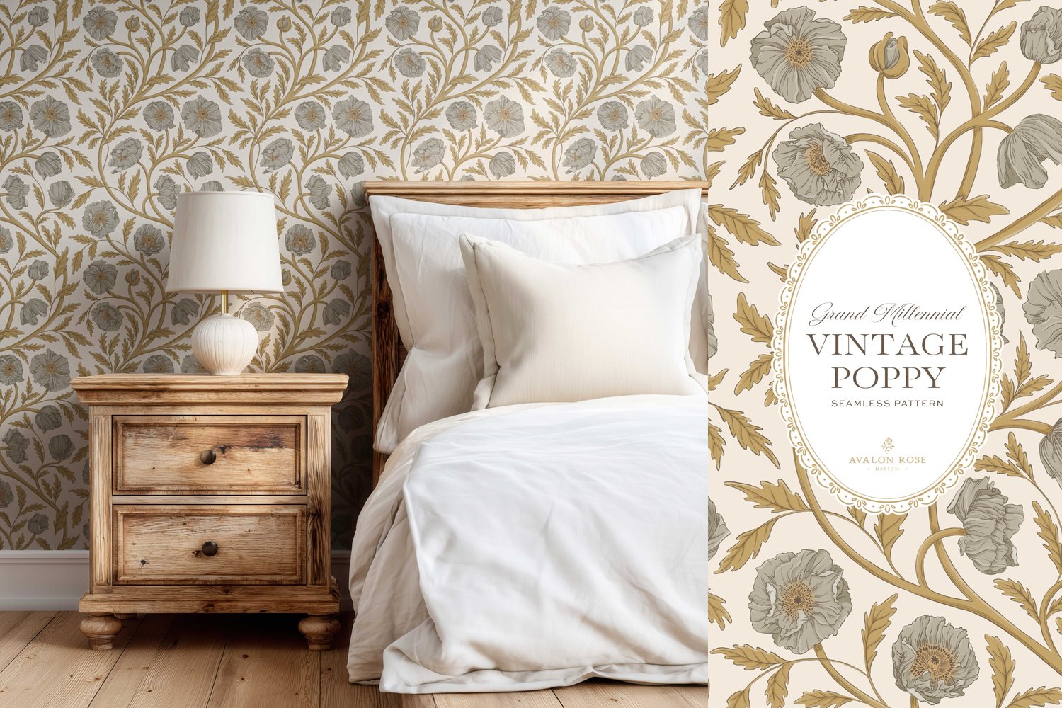 Vintage-inspired seamless surface pattern in a hand-drawn heritage style featuring glorious climbing and swirling poppy flowers in gold and warm gray on cream.