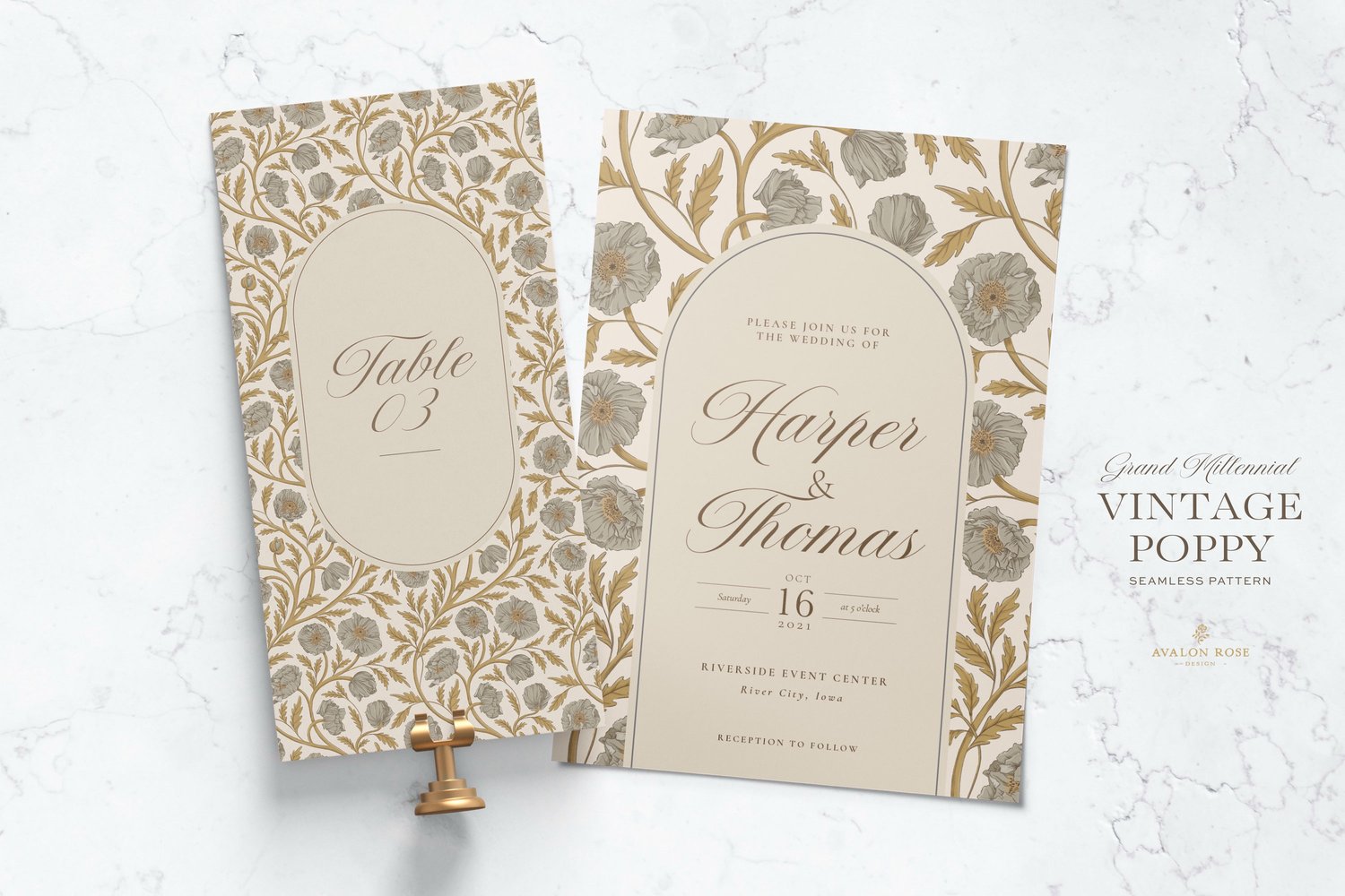 Vintage-inspired seamless surface pattern in a hand-drawn heritage style featuring glorious climbing and swirling poppy flowers in gold and warm gray on cream.