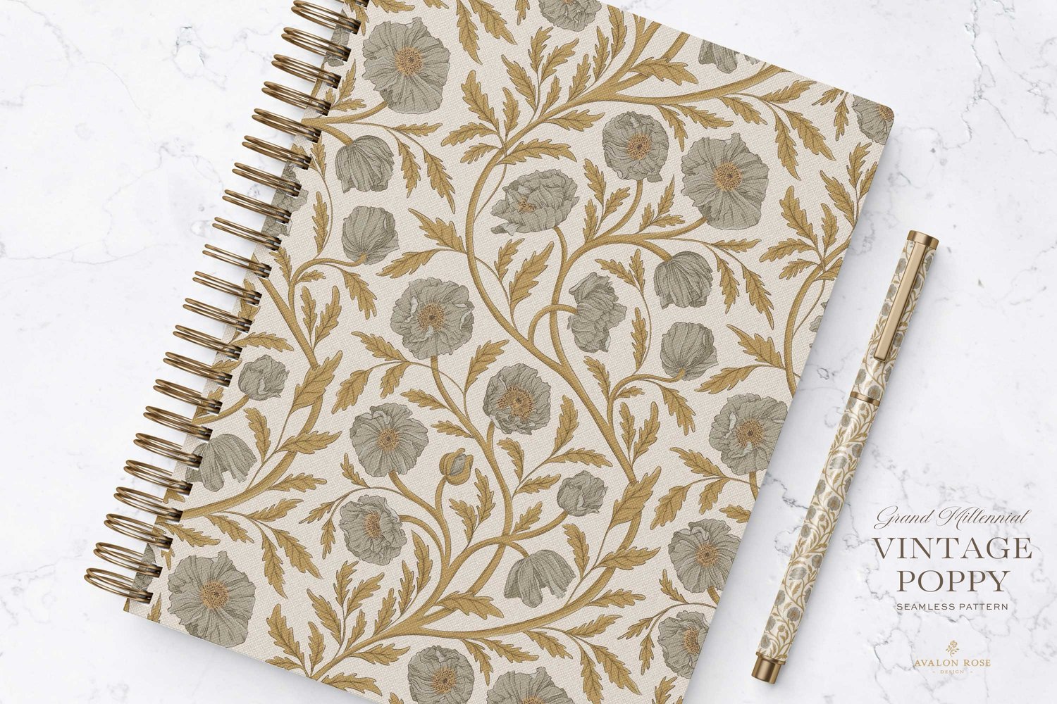 Vintage-inspired seamless surface pattern in a hand-drawn heritage style featuring glorious climbing and swirling poppy flowers in gold and warm gray on cream.