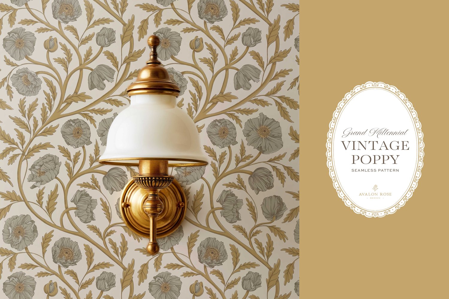 Vintage-inspired seamless surface pattern in a hand-drawn heritage style featuring glorious climbing and swirling poppy flowers in gold and warm gray on cream.