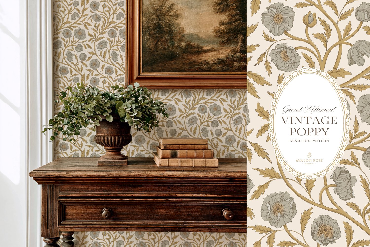 Vintage-inspired seamless surface pattern in a hand-drawn heritage style featuring glorious climbing and swirling poppy flowers in gold and warm gray on cream.