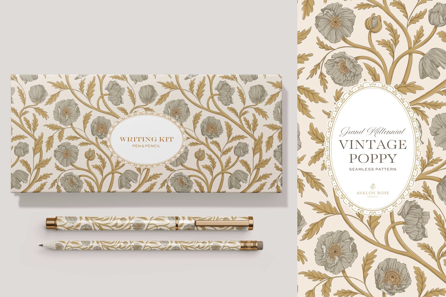 Vintage-inspired seamless surface pattern in a hand-drawn heritage style featuring glorious climbing and swirling poppy flowers in gold and warm gray on cream.