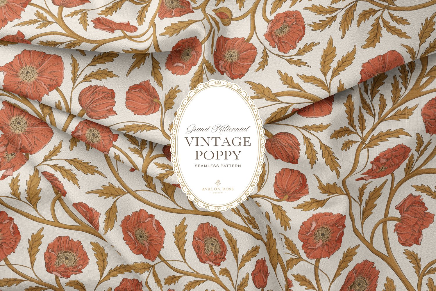 Vintage-inspired seamless surface pattern in a hand-drawn heritage style featuring glorious climbing and swirling poppy flowers in gold and red orange on cream.