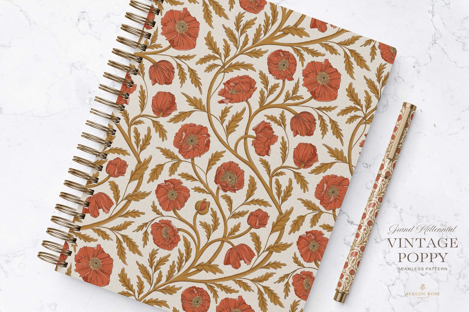 Vintage-inspired seamless surface pattern in a hand-drawn heritage style featuring glorious climbing and swirling poppy flowers in gold and red orange on cream.