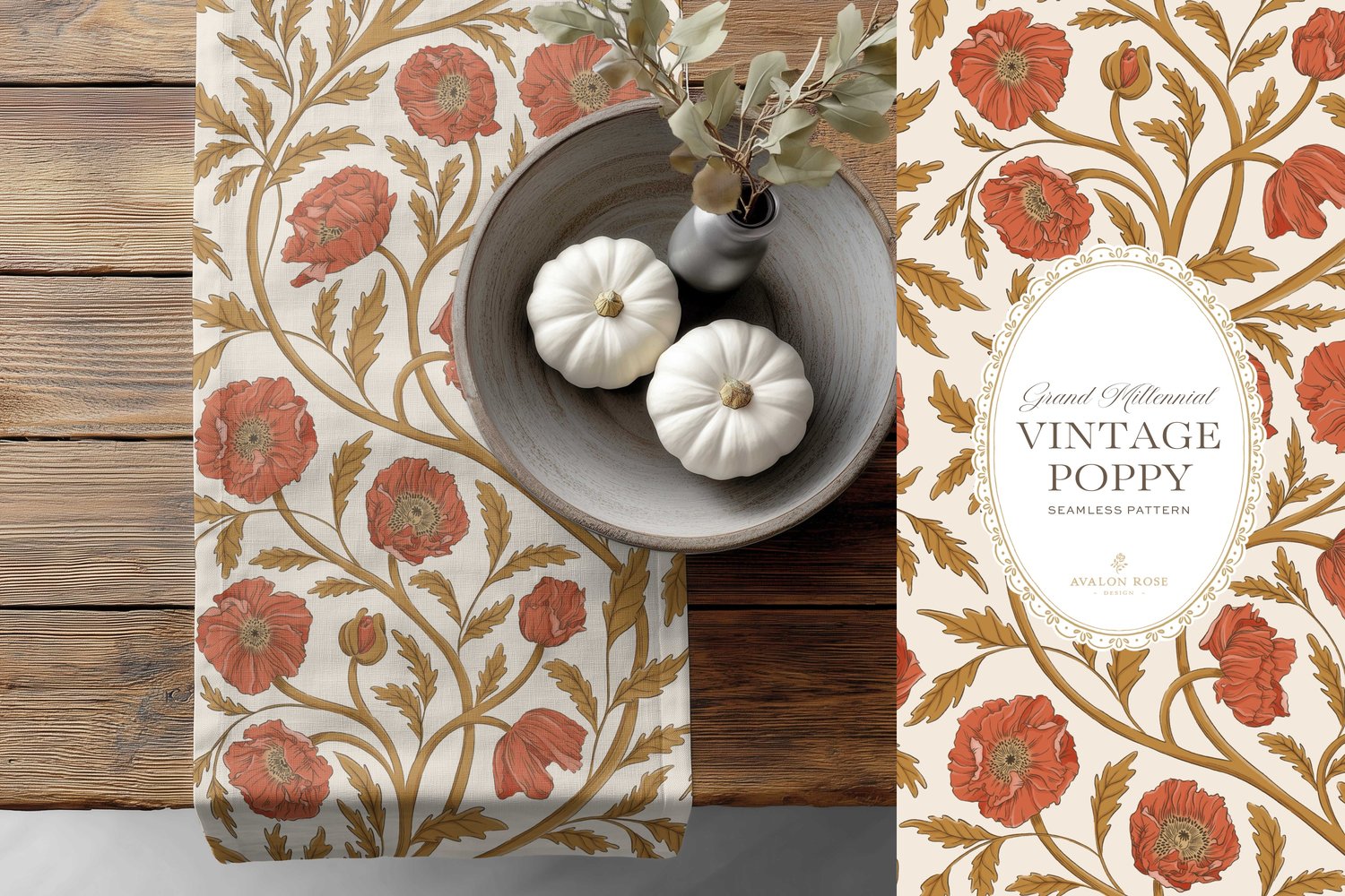 Vintage-inspired seamless surface pattern in a hand-drawn heritage style featuring glorious climbing and swirling poppy flowers in gold and red orange on cream.