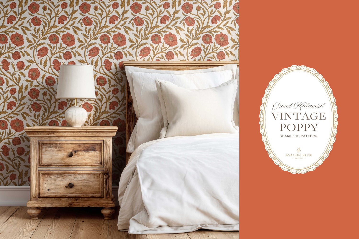 Vintage-inspired seamless surface pattern in a hand-drawn heritage style featuring glorious climbing and swirling poppy flowers in gold and red orange on cream.
