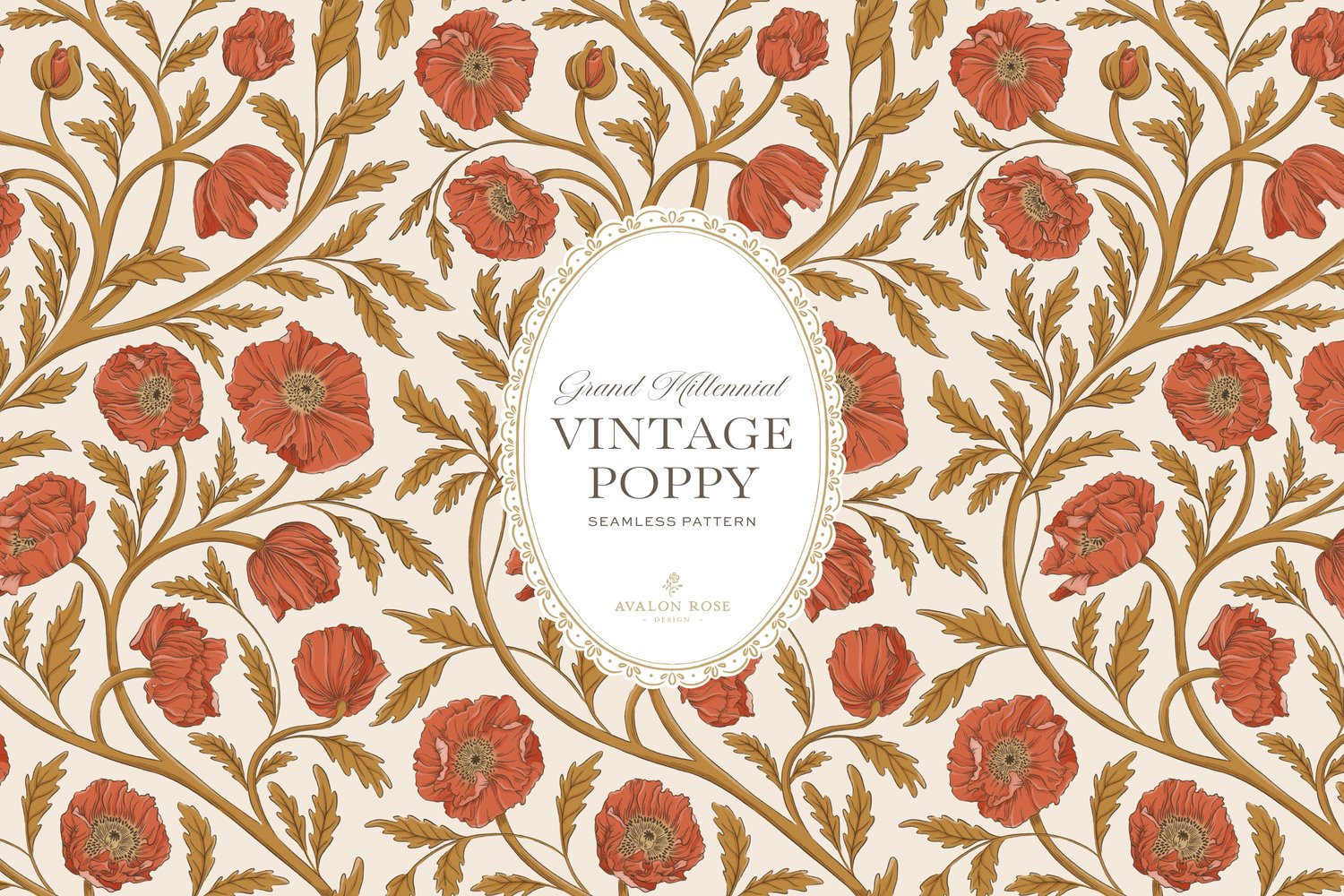 Vintage-inspired seamless surface pattern in a hand-drawn heritage style featuring glorious climbing and swirling poppy flowers in gold and red orange on cream.