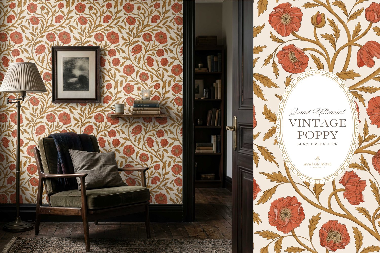 Vintage-inspired seamless surface pattern in a hand-drawn heritage style featuring glorious climbing and swirling poppy flowers in gold and red orange on cream.