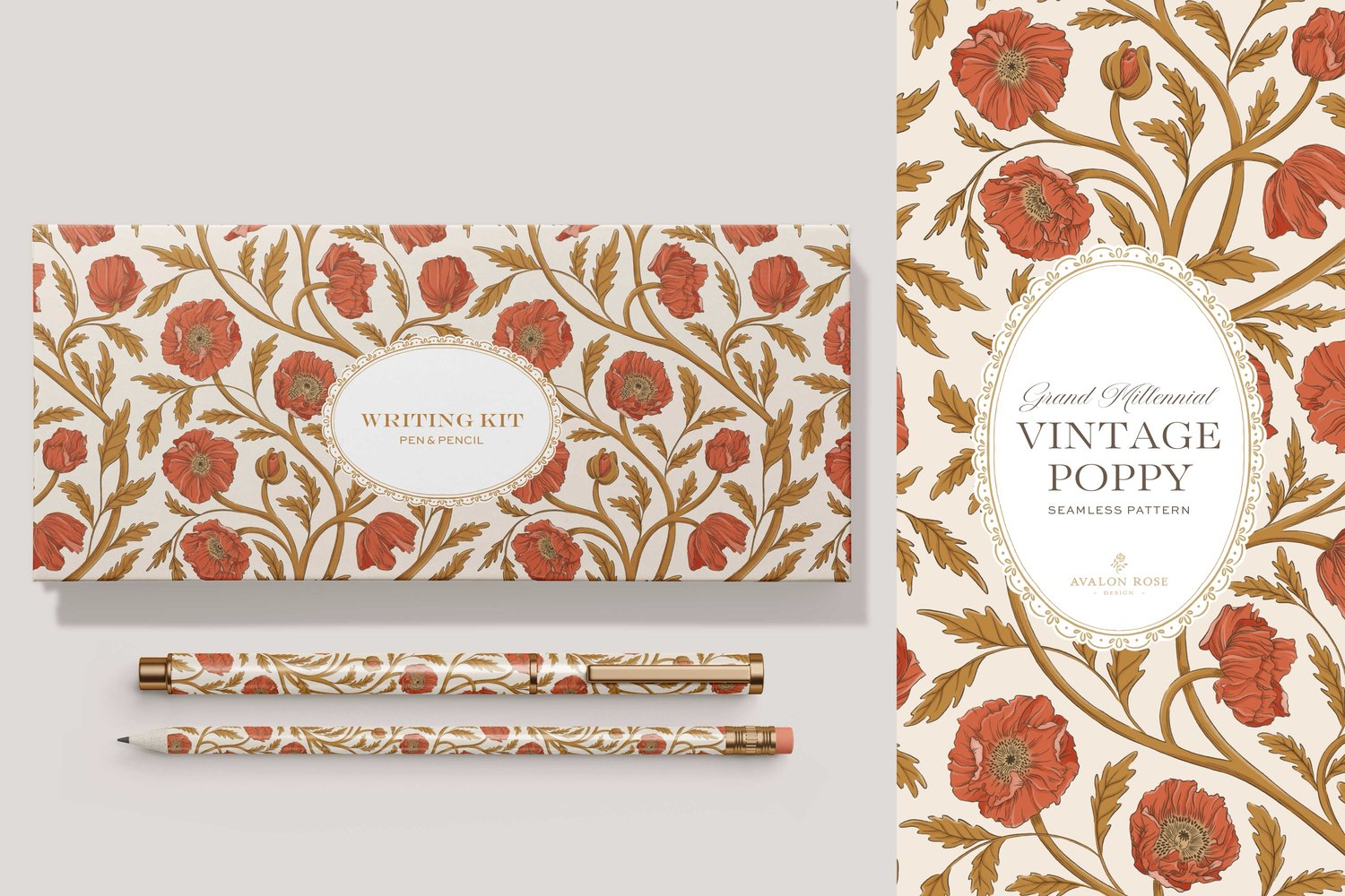 Vintage-inspired seamless surface pattern in a hand-drawn heritage style featuring glorious climbing and swirling poppy flowers in gold and red orange on cream.